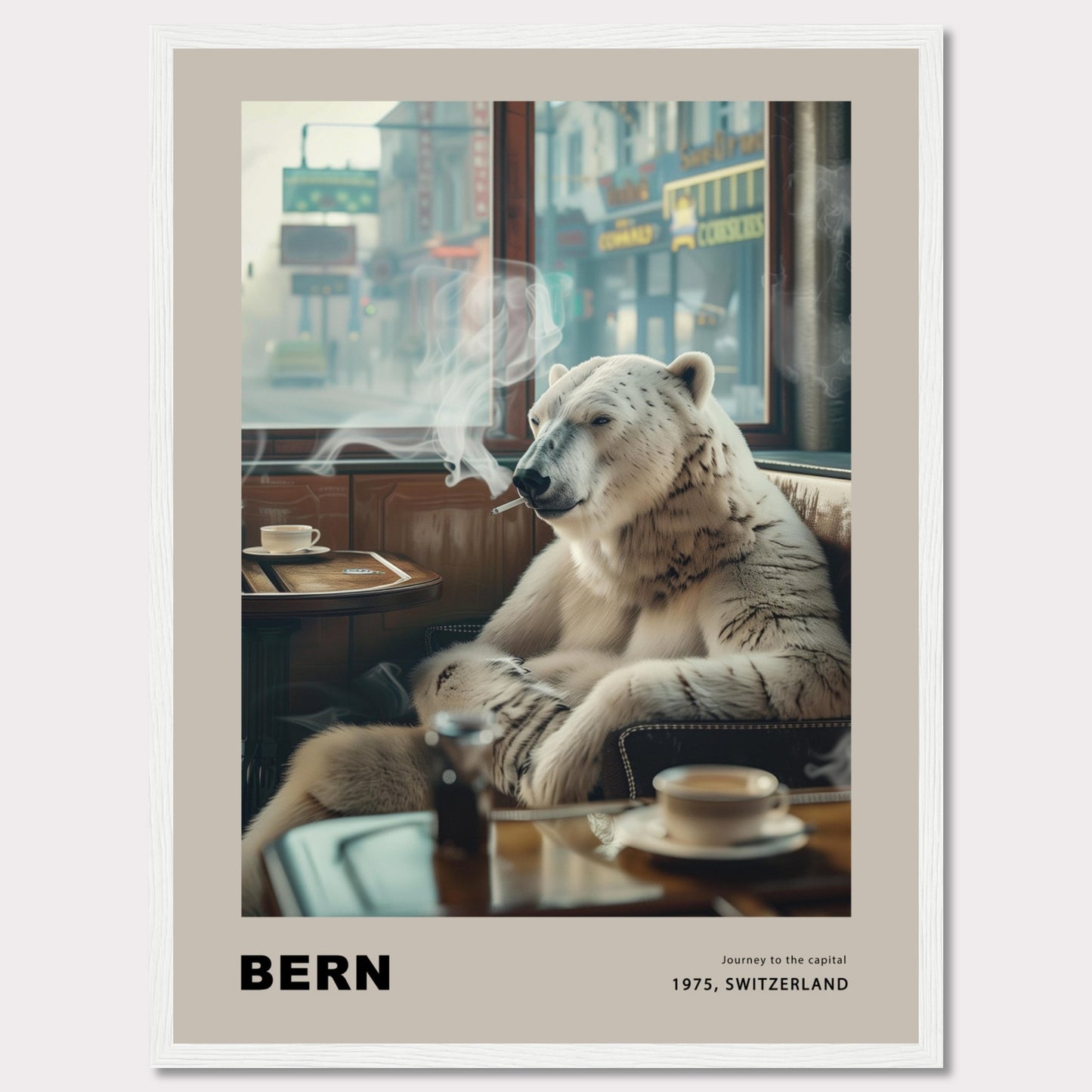 This intriguing poster features a polar bear sitting comfortably in a café, smoking a cigarette. The scene is set against a backdrop of a bustling city street, with shops and signs visible through the window. A cup of coffee sits on the table in front of the bear, adding to the relaxed atmosphere. The text at the bottom reads "BERN" with the caption "Journey to the capital, 1975, Switzerland."