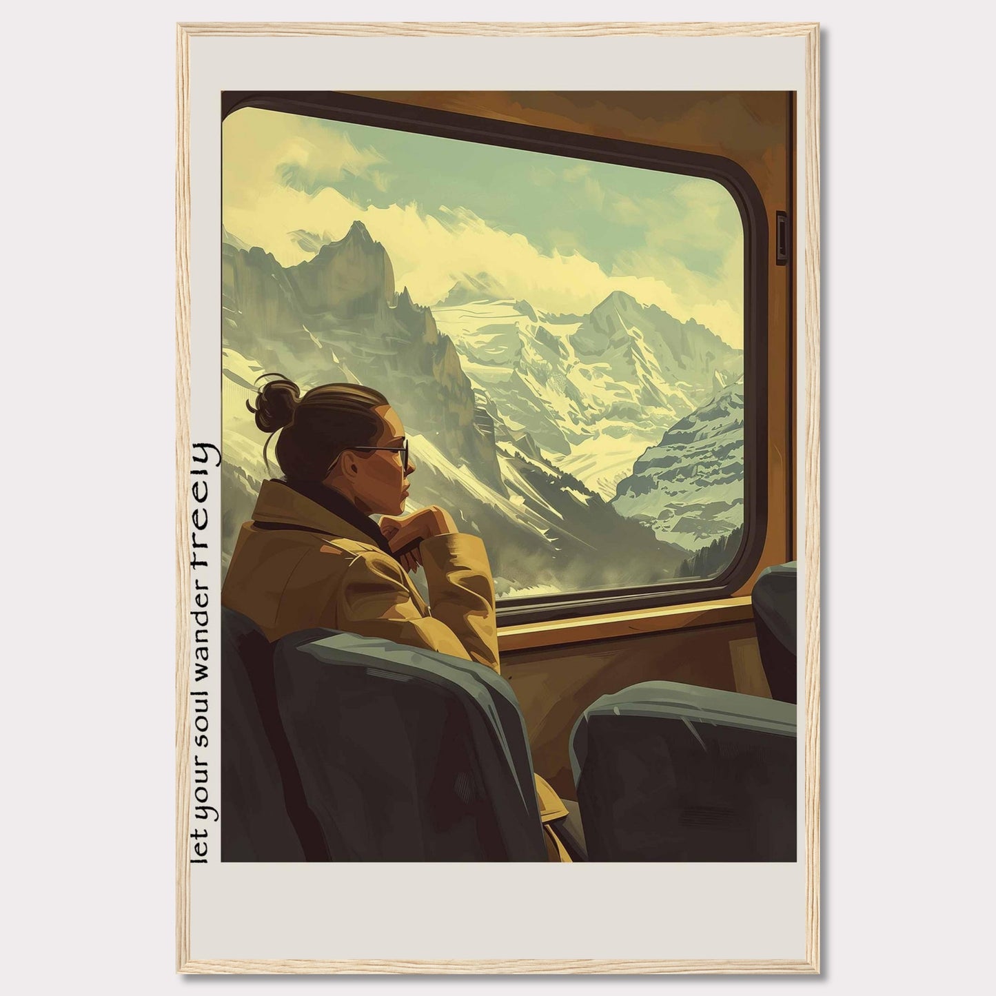 This image depicts a serene moment of a woman gazing out of a train window at a breathtaking mountain landscape. The scene is framed with the text "Let your soul wander freely" on the left side.