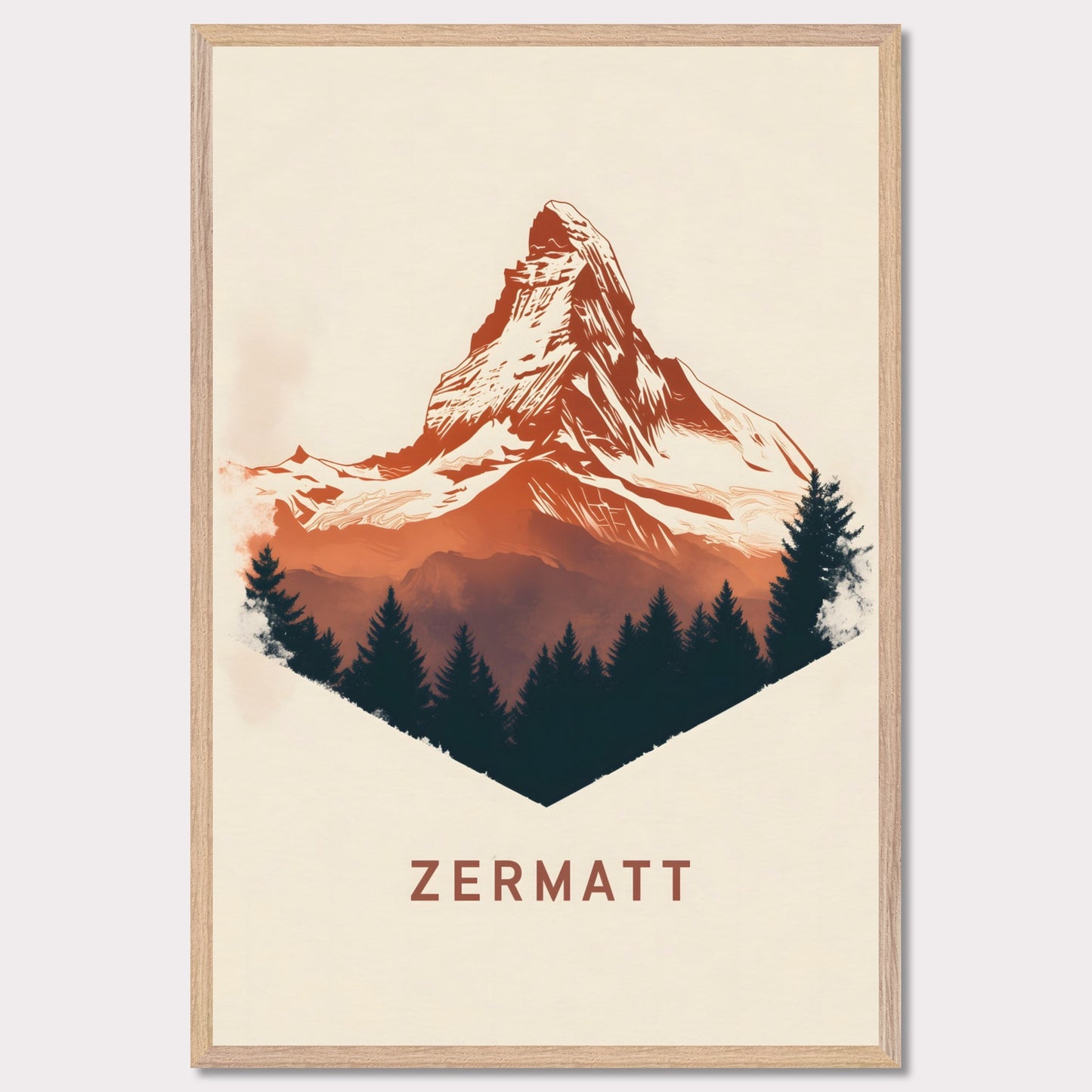 A scenic poster showcasing the breathtaking beauty of Zermatt’s Matterhorn. The rich, painterly textures and natural color palette evoke the serene yet powerful presence of the Alps.