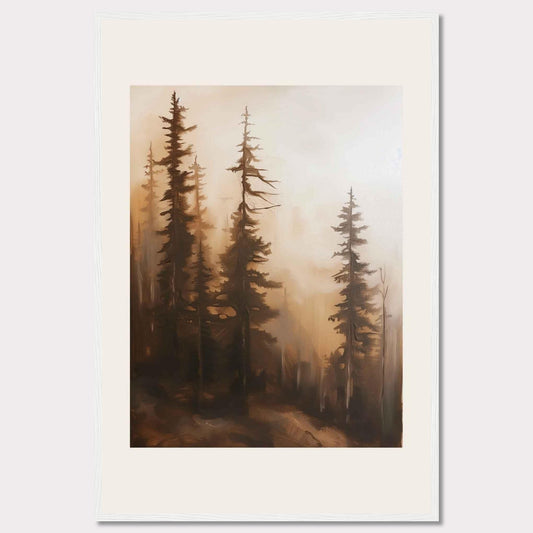 This captivating artwork features a serene forest scene enveloped in mist, evoking a sense of tranquility and mystery. The tall, slender trees stand majestically, their branches reaching out into the foggy atmosphere. The soft, warm hues create a calming ambiance, making it a perfect addition to any living space.