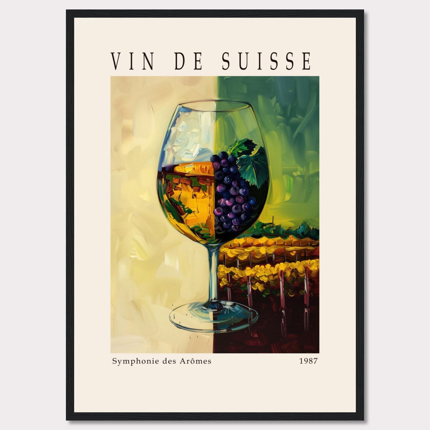 This vibrant poster showcases a wine glass filled with white wine, adorned with a cluster of purple grapes and green leaves. The background features a picturesque vineyard scene, split into two contrasting hues of yellow and green.м