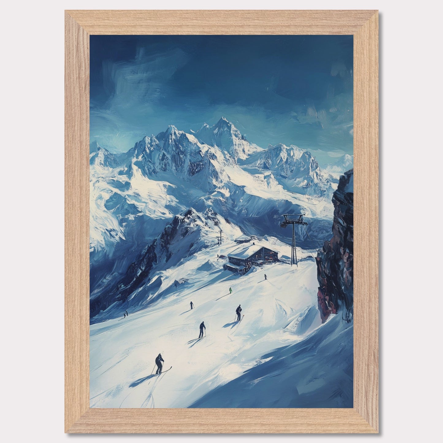 This vibrant, retro-style poster captures the excitement of skiing through the Swiss Alps, with skiers navigating fresh powder beneath towering, snow-covered peaks. The vast landscape and the thrill of the descent evoke a sense of freedom and adventure. The vintage typography and warm colors enhance the adventurous spirit, making it a perfect invitation to explore the slopes of the Swiss Alps and experience the rush of alpine skiing.