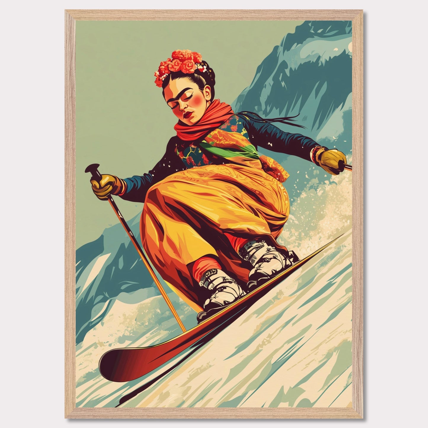 This captivating and artistic poster features Frida Kahlo skiing down a snow-covered slope, embracing both the thrill of winter sports and the vibrancy of her unique style. With a floral crown and colorful attire, Frida brings her creativity and strength to the slopes of the mountains, capturing the harmony between winter adventure and artistic expression. The retro color scheme adds to the vintage charm of the poster, making it a lively and powerful statement piece.