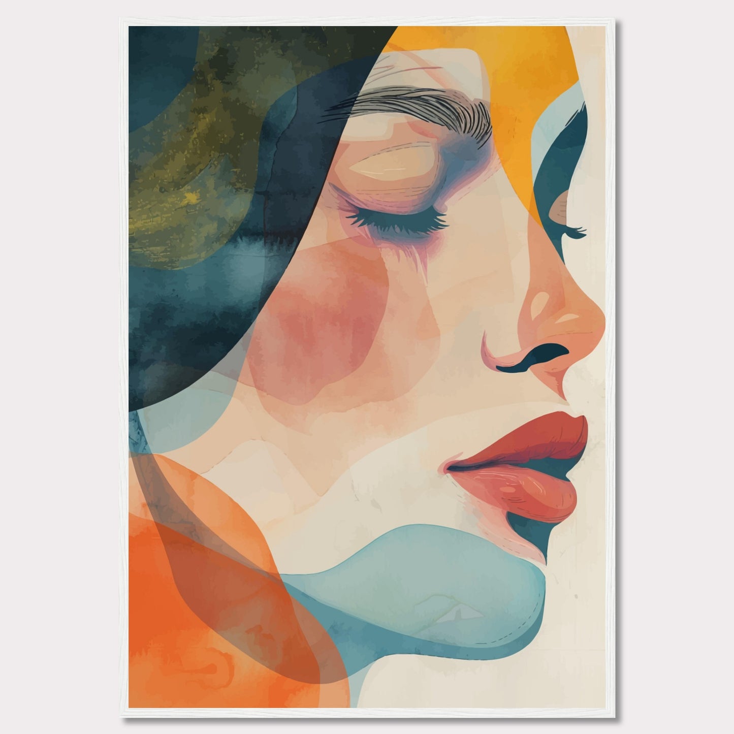 This captivating artwork features a serene profile of a woman's face, rendered in a vibrant mix of abstract colors. The composition highlights her closed eyes and calm expression, evoking a sense of tranquility and introspection.