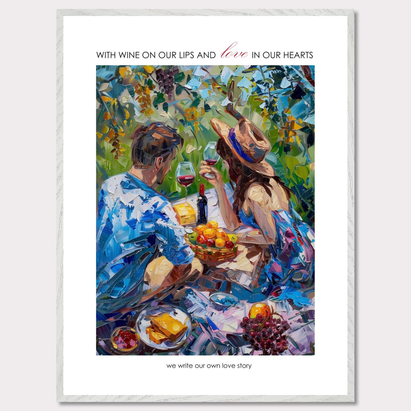 Couple on a summer picnic - Poster with a wooden frame