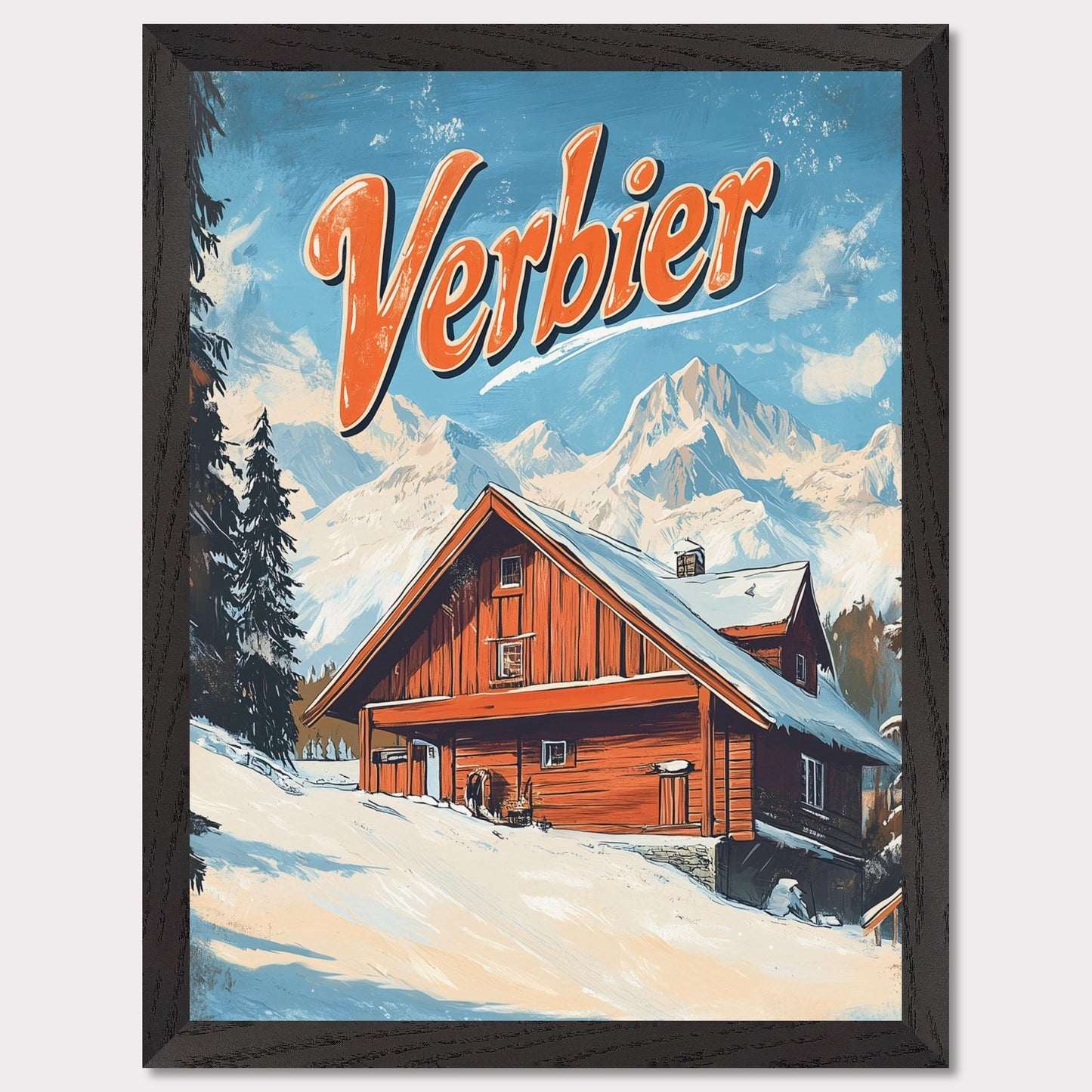 This vintage-inspired poster features a charming wooden chalet nestled against the stunning mountains of Verbier. The warm tones of the cabin contrast beautifully with the snowy landscape and towering peaks, creating a welcoming, serene winter scene. The retro design with bold typography invites viewers to imagine a peaceful retreat in the heart of the Swiss Alps, where adventure and comfort come together.