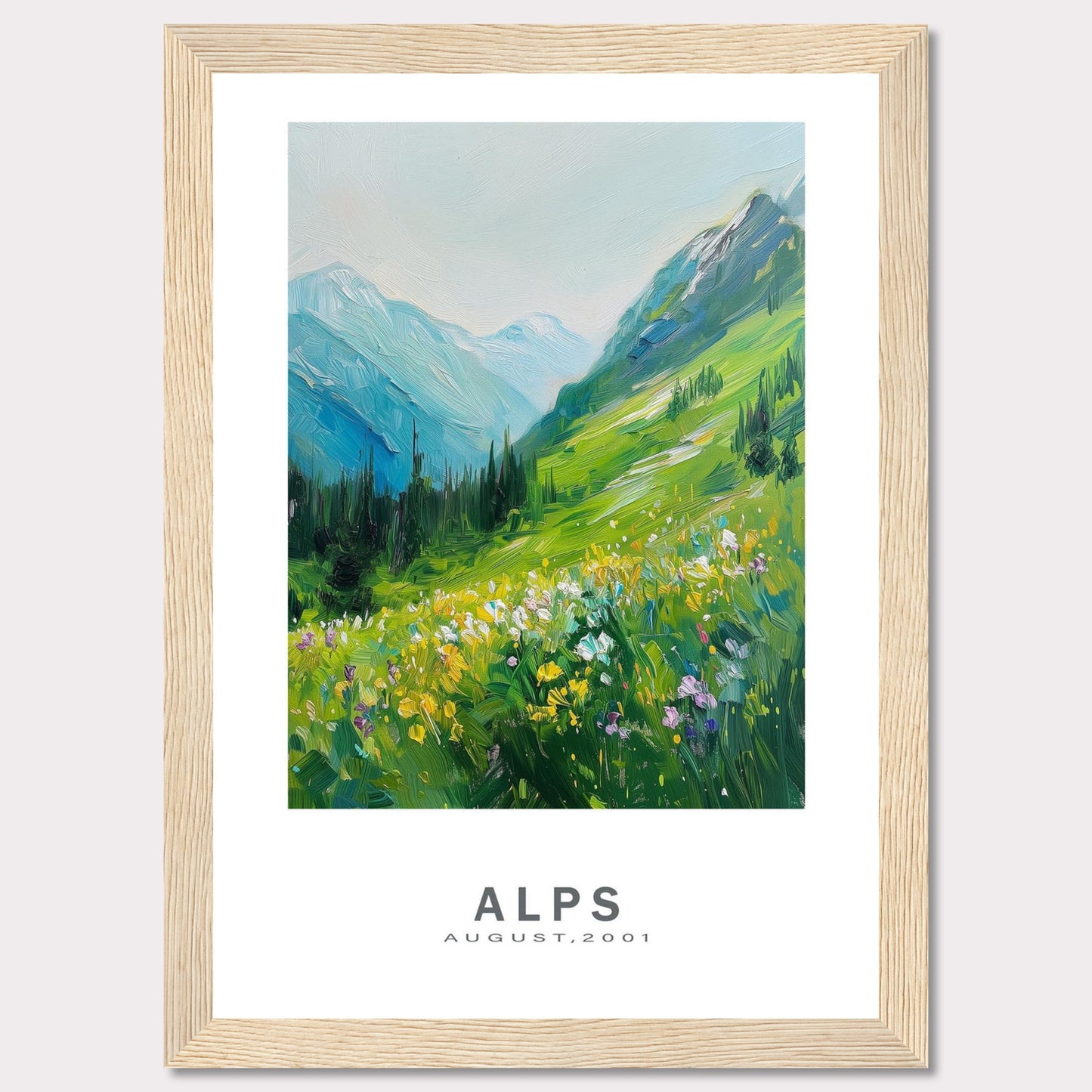 This beautiful framed artwork captures a vibrant and serene landscape of the Alps in August 2001. The painting showcases lush green mountains, colorful wildflowers, and a tranquil sky.