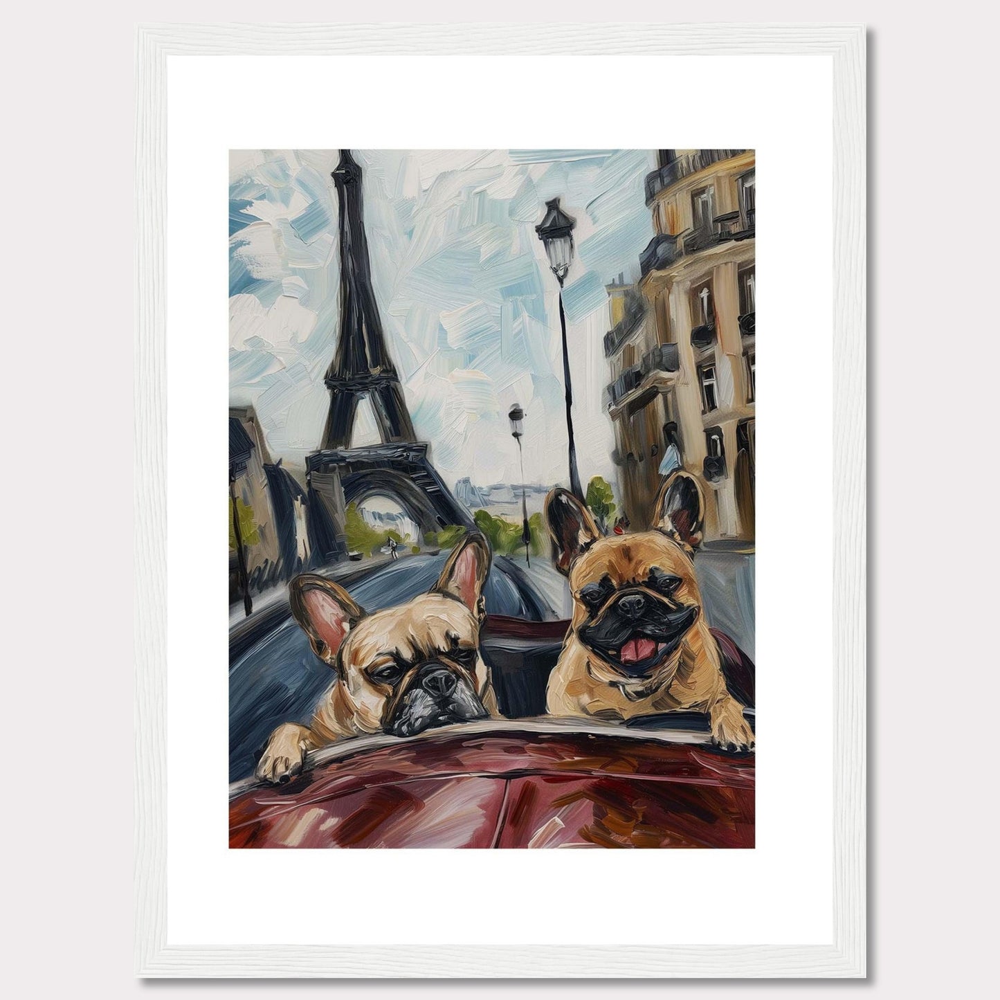 This vibrant painting captures two adorable French Bulldogs enjoying a ride in a car with the iconic Eiffel Tower in the background. The artwork beautifully blends elements of Parisian architecture, street lamps, and the joyful expressions of the dogs.