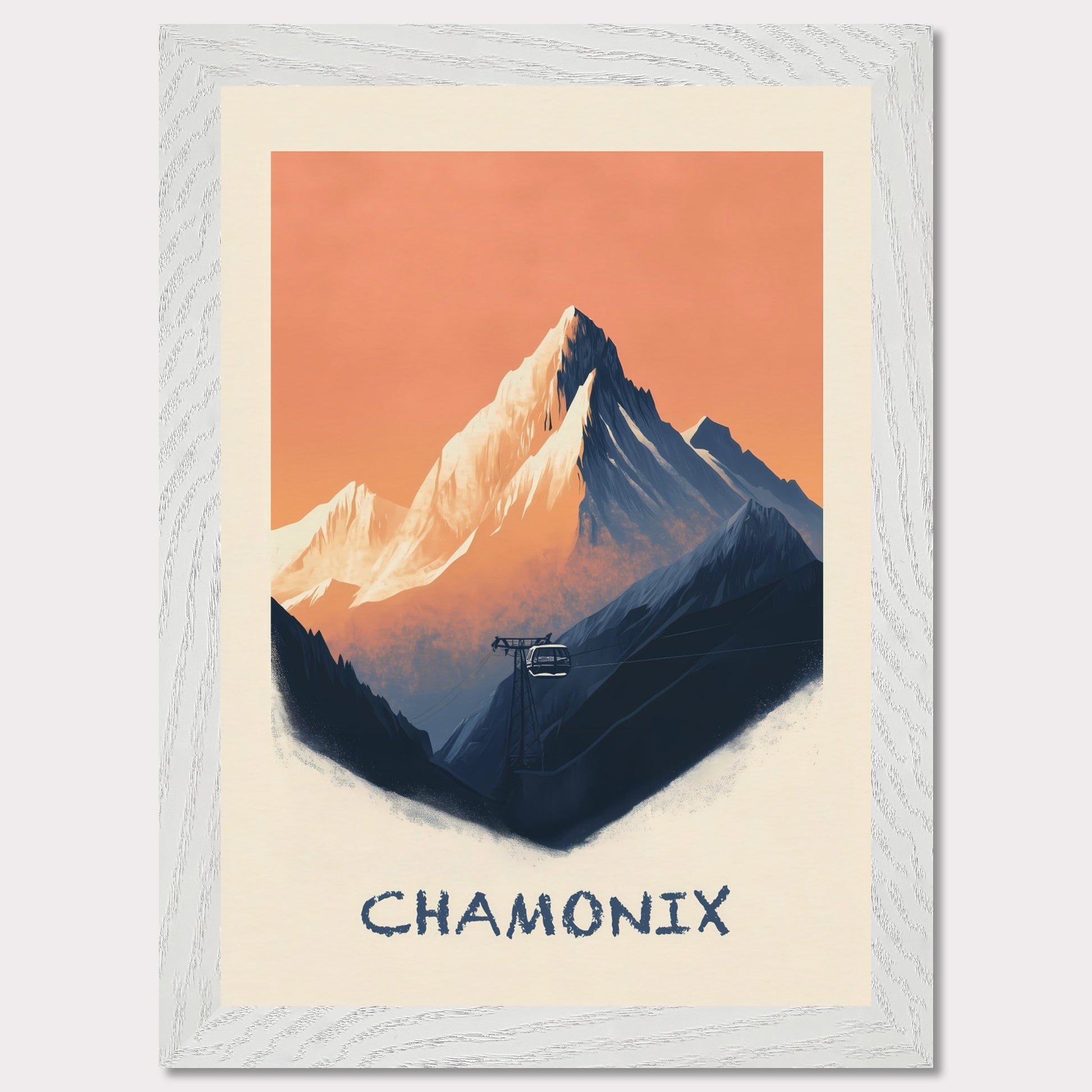 This breathtaking poster captures the rugged majesty of Chamonix, with the towering snow-capped peaks set against a warm, pastel sky. A cable car ascends through the mist, symbolizing adventure, exploration, and the timeless allure of the Alps.