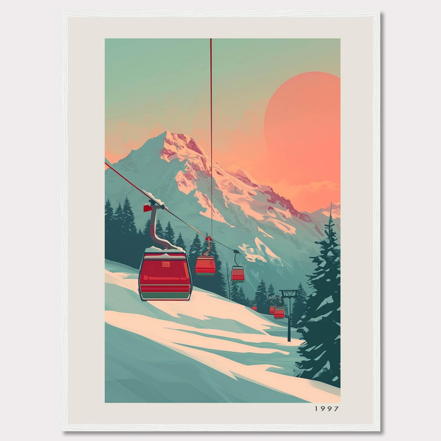 This captivating artwork depicts a serene mountain landscape with ski lifts ascending towards a majestic snow-capped peak under a warm, pastel-colored sky. The scene is framed by evergreen trees, creating a tranquil and inviting atmosphere.