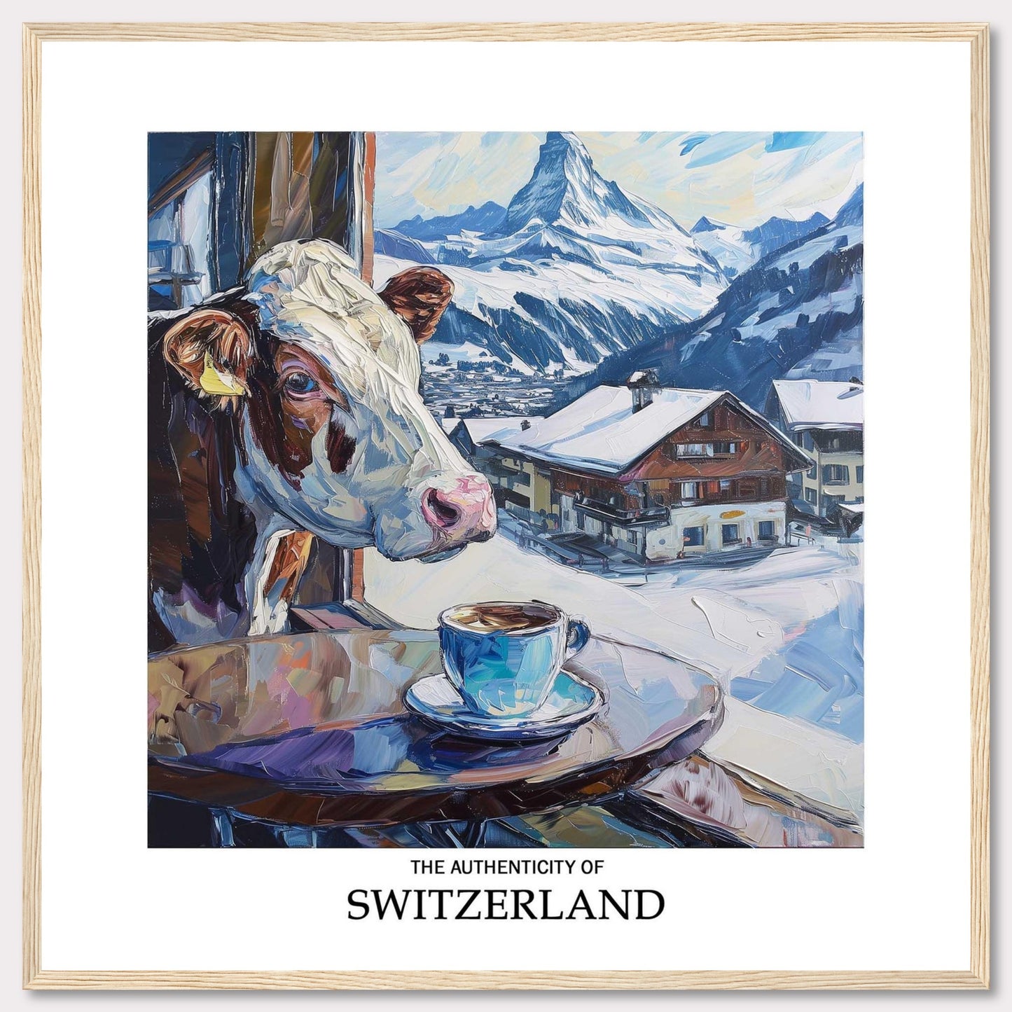 A charming painting captures the essence of Switzerland, featuring a curious cow peeking out of a window, a steaming cup of coffee, and a picturesque snowy village with the majestic Swiss Alps in the background.