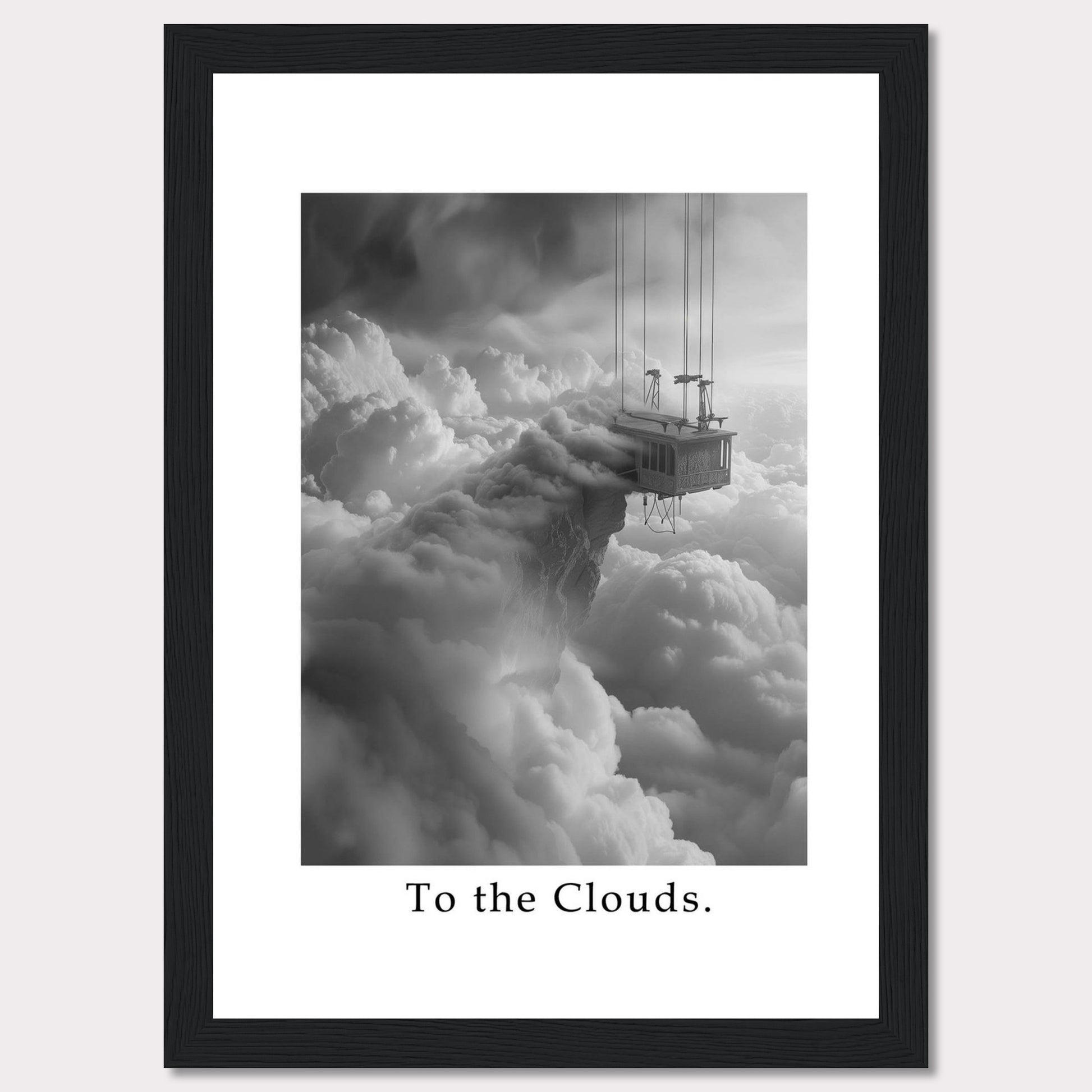 This captivating black and white artwork features a surreal scene of a house suspended high above the clouds, connected by cables. The image evokes a sense of wonder and adventure.