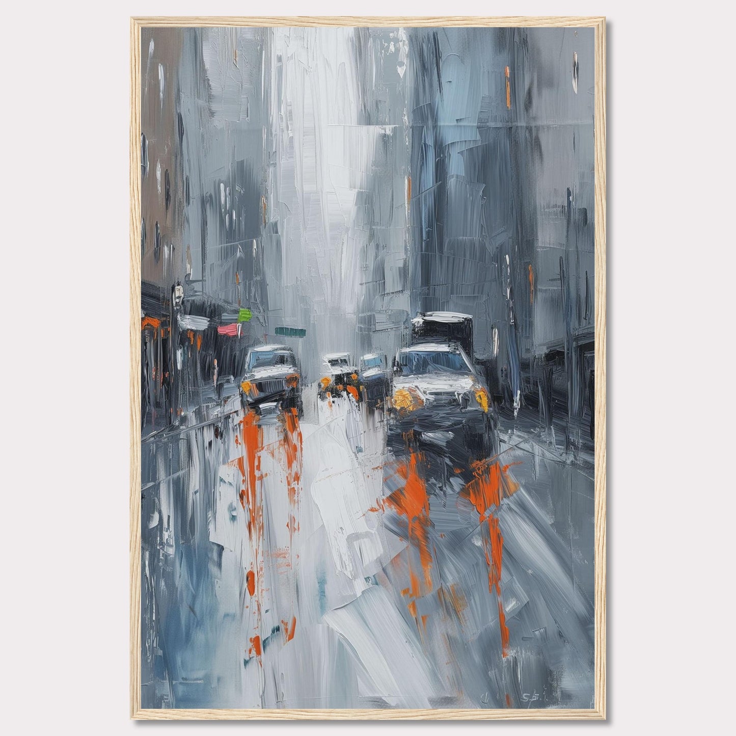 This captivating painting portrays a rainy city street with cars and buildings enveloped in a misty atmosphere. The artist uses bold brushstrokes and a muted color palette with pops of orange to depict the bustling urban scene.