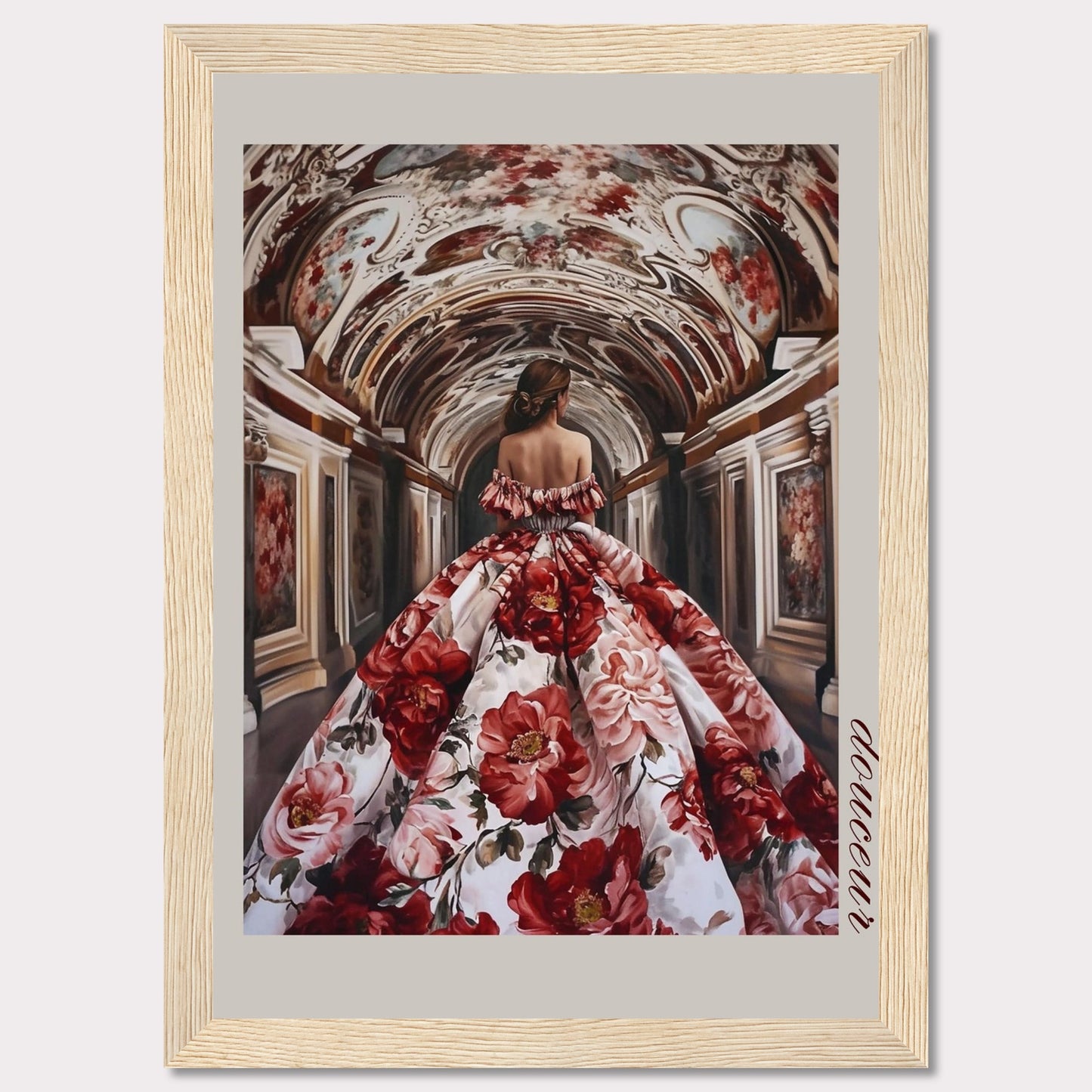 This stunning artwork features a woman in an opulent floral gown walking through an intricately decorated corridor. The scene exudes elegance and grandeur, capturing a moment of timeless beauty.