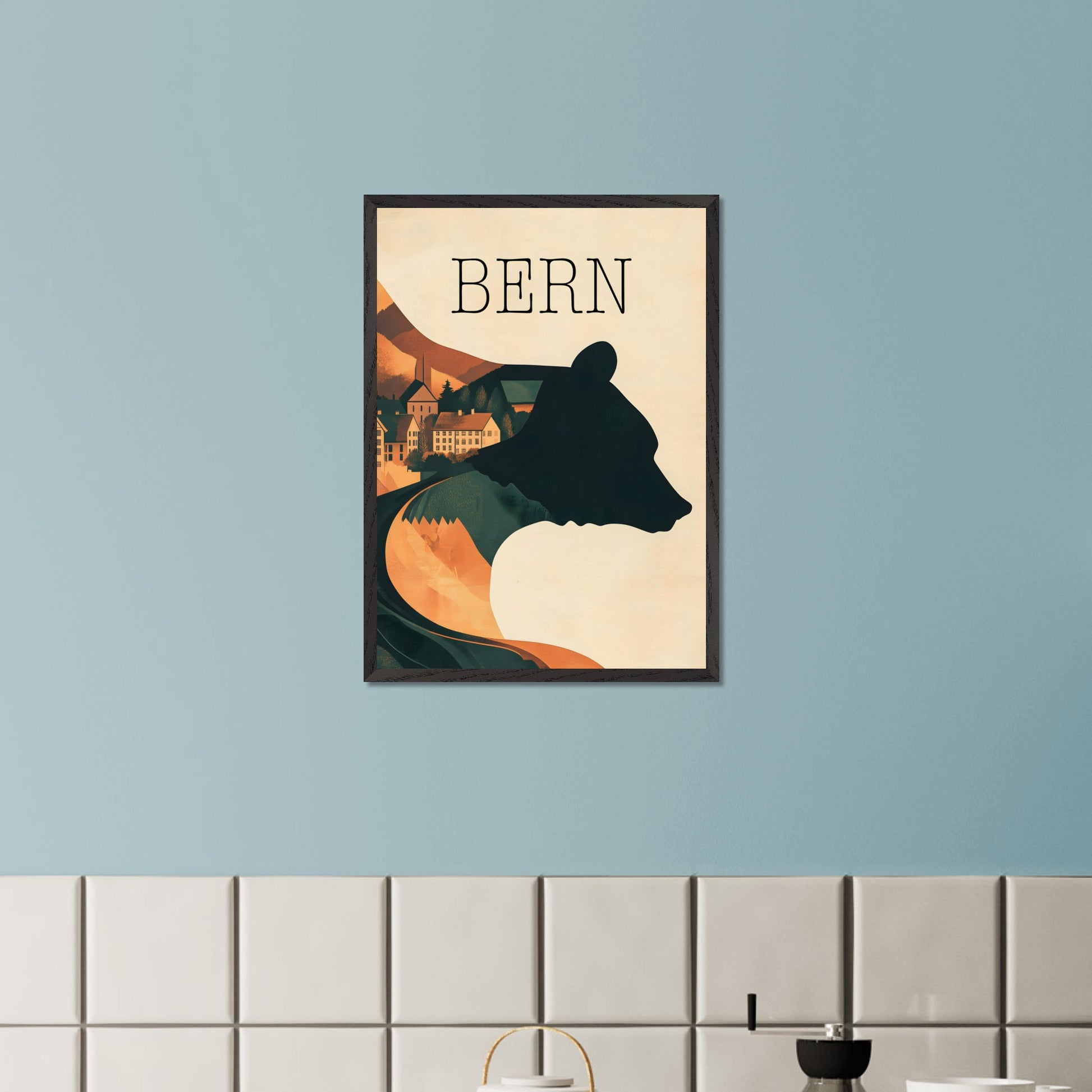 This minimalist travel poster captures the essence of Bern, Switzerland, with a flowing river winding through the city's historic heart. The design highlights the city's iconic medieval architecture, framed by the serene natural surroundings. The soft, muted tones evoke a sense of nostalgia and tranquility, making it a perfect representation of Bern’s timeless beauty.