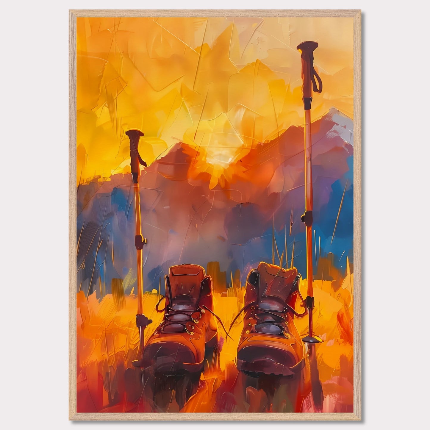 This illustration depicts a pair of hiking boots and trekking poles set against a vibrant, abstract background of mountains and a sunset.