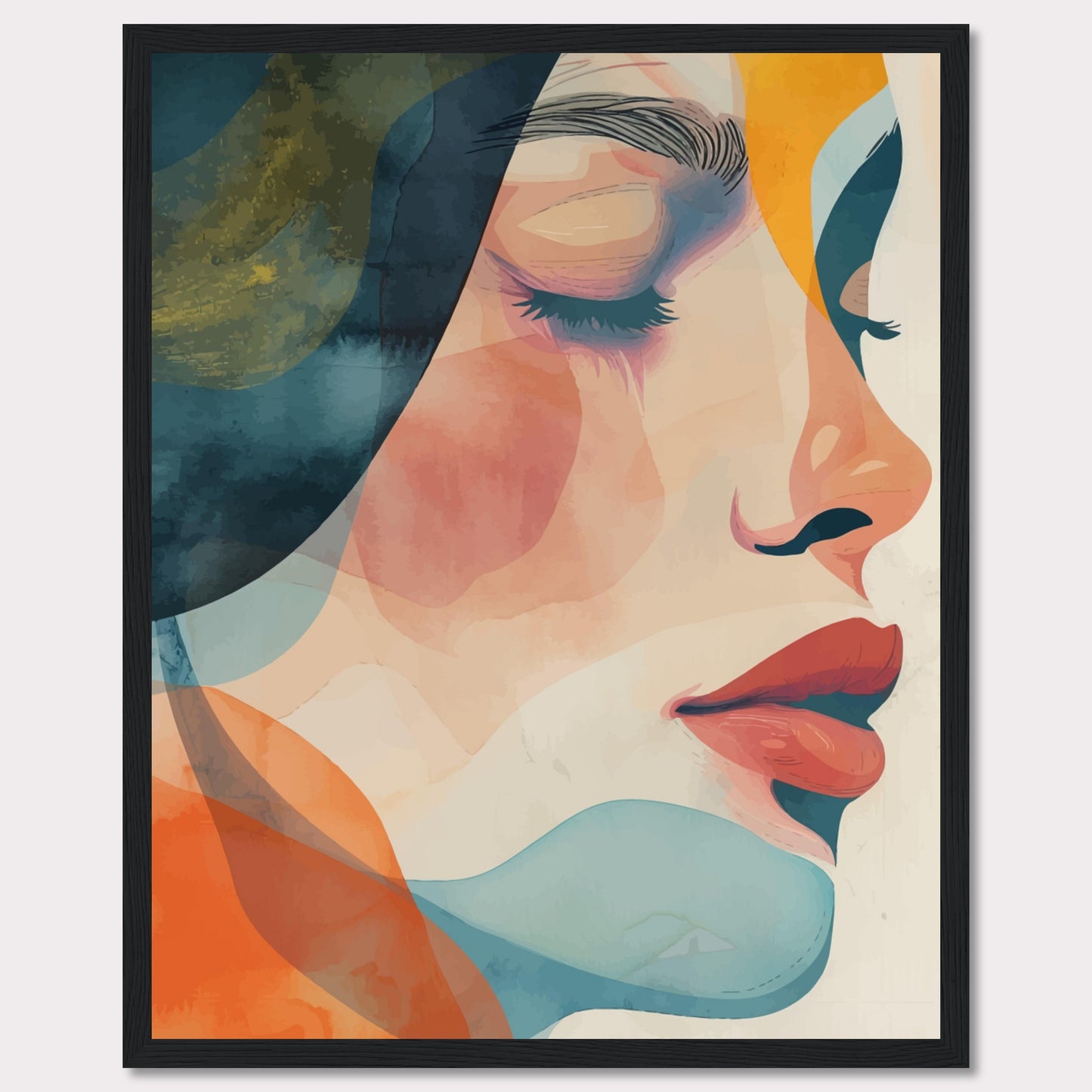 This captivating artwork features a serene profile of a woman's face, rendered in a vibrant mix of abstract colors. The composition highlights her closed eyes and calm expression, evoking a sense of tranquility and introspection.