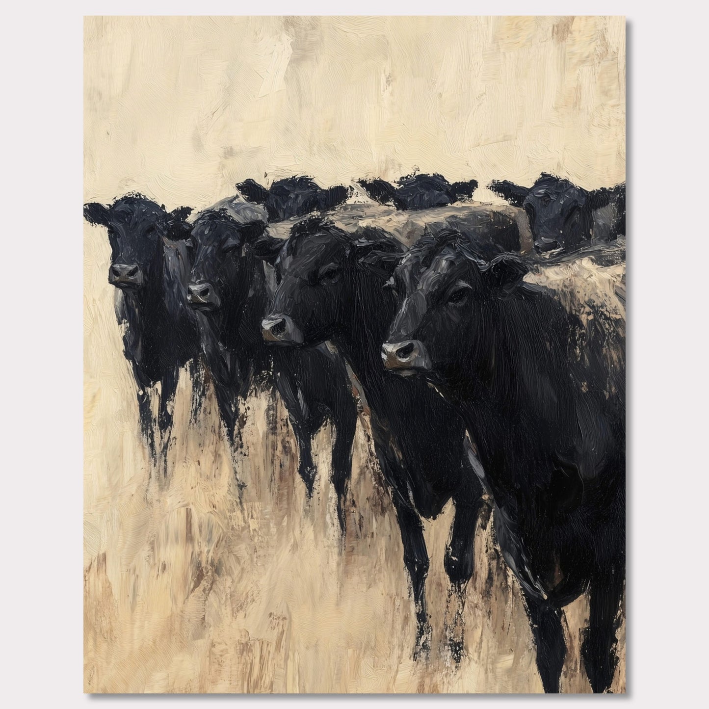 This captivating painting depicts a group of black cows standing together, evoking a sense of unity and strength. The textured brushstrokes and neutral background create a striking contrast, highlighting the animals' dark forms.