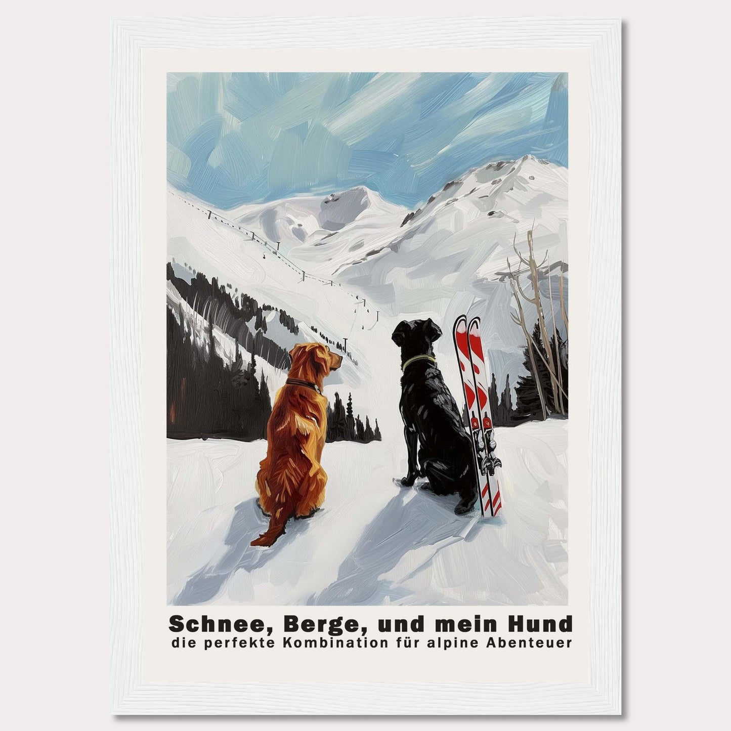 This image depicts two dogs sitting in the snow, gazing at a snowy mountain landscape. Next to them is a pair of skis, suggesting an alpine adventure. The sky is clear with a few clouds, adding to the serene and adventurous atmosphere.