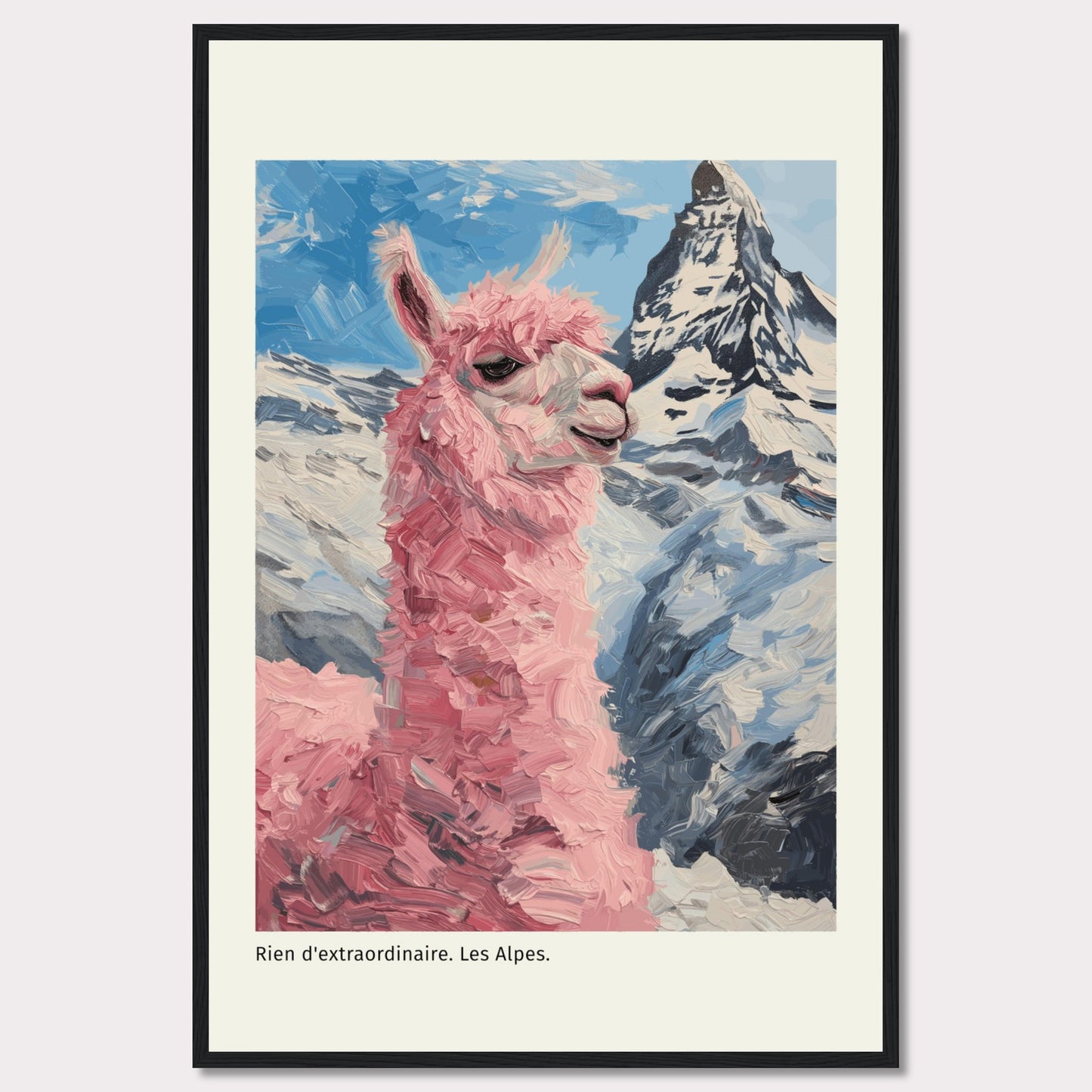 This whimsical painting features a pink llama standing proudly against the backdrop of the majestic Alps. The vibrant colors and playful brushstrokes bring a sense of fun and adventure to the scene.