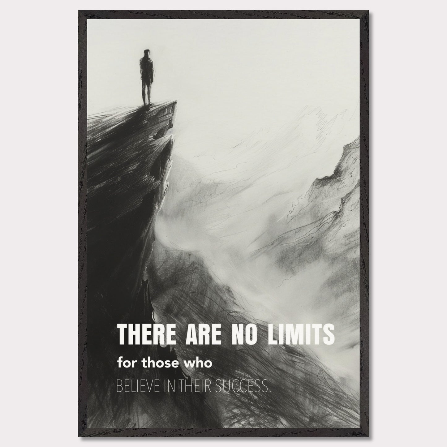 This image depicts a person standing at the edge of a cliff, looking out over a vast, foggy landscape. The scene is rendered in black and white, giving it a dramatic and contemplative feel. The text on the image reads: "There are no limits for those who believe in their success."