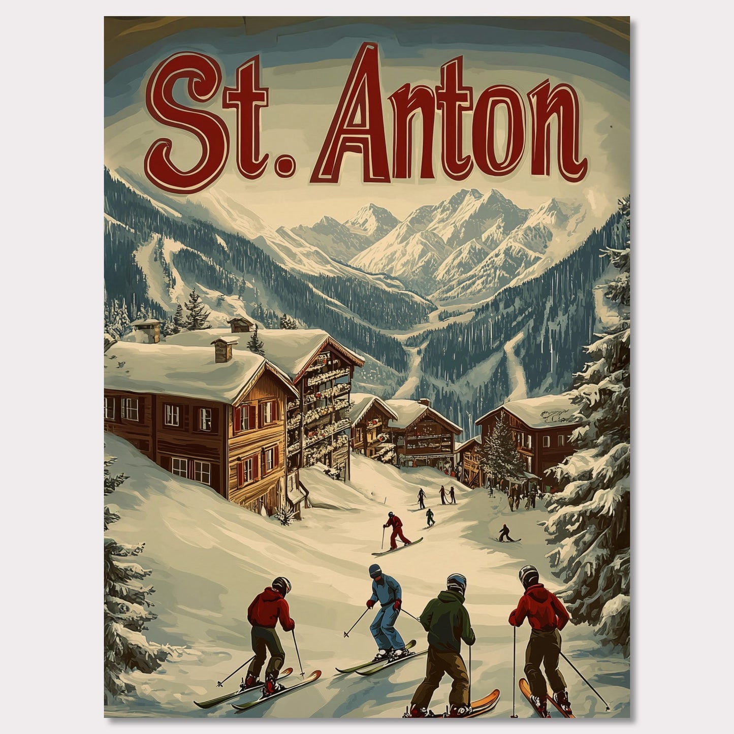 This stunning vintage-inspired poster depicts the idyllic town of St. Anton nestled beneath towering snow-capped peaks. The ski slopes are alive with activity, with skiers descending toward the charming wooden chalets. The warm hues in the sky add a sense of tranquility to the winter landscape, while the retro typography and art style transport the viewer to a time when winter holidays in the Alps were the height of elegance and adventure.