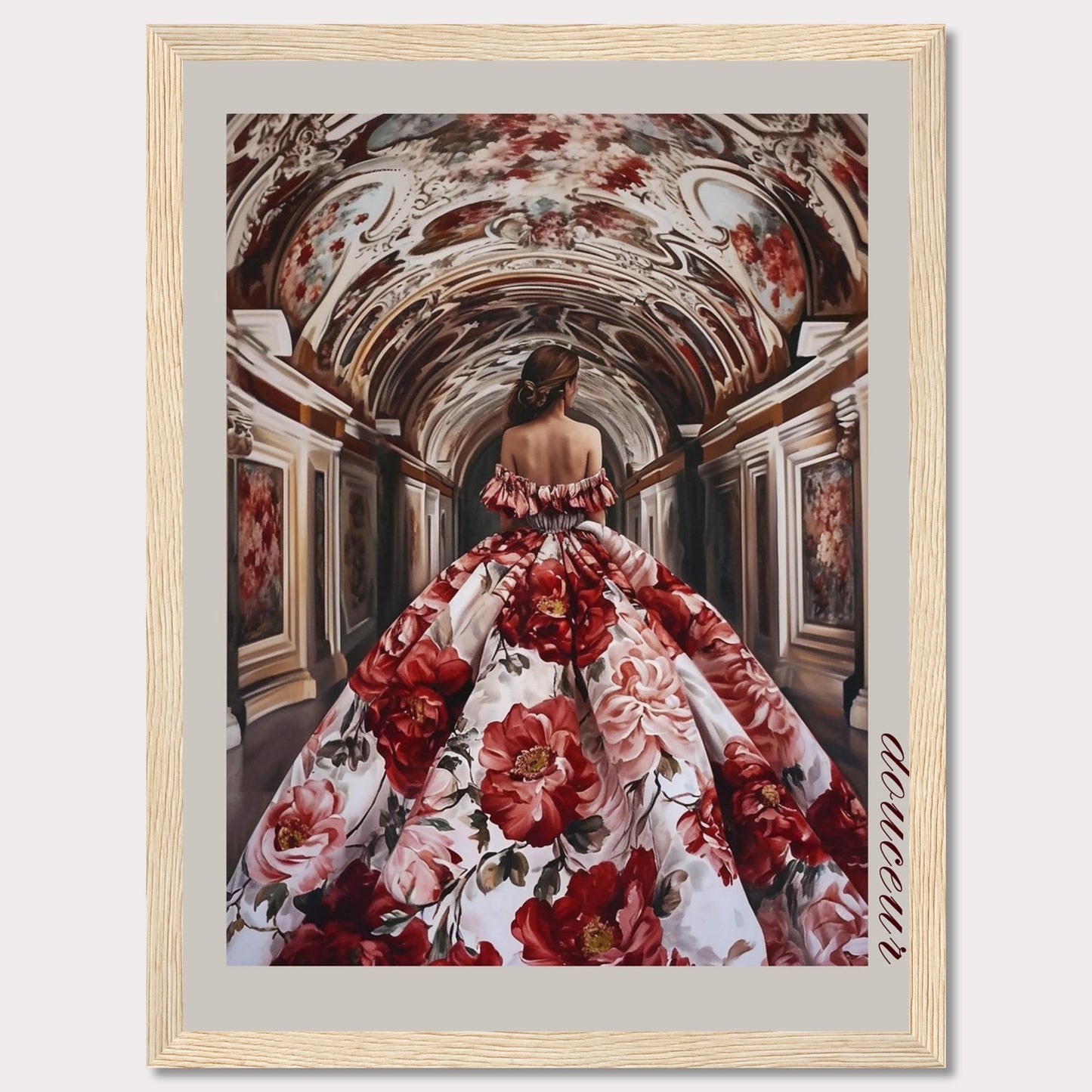 This stunning artwork features a woman in an opulent floral gown walking through an intricately decorated corridor. The scene exudes elegance and grandeur, capturing a moment of timeless beauty.