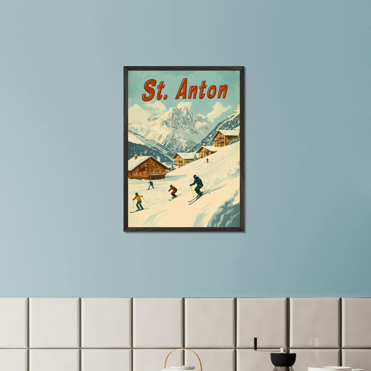 This vibrant retro-style poster captures the thrilling energy of skiing in St. Anton. The scene depicts skiers carving down the slopes, with picturesque alpine chalets nestled in the snow-covered hills and the majestic mountains towering in the background. The warm tones of the sky and the clean, crisp snow evoke the exhilarating experience of a winter sports haven. The bold retro typography adds a touch of nostalgia, perfectly highlighting the charm and adventure of St. Anton.