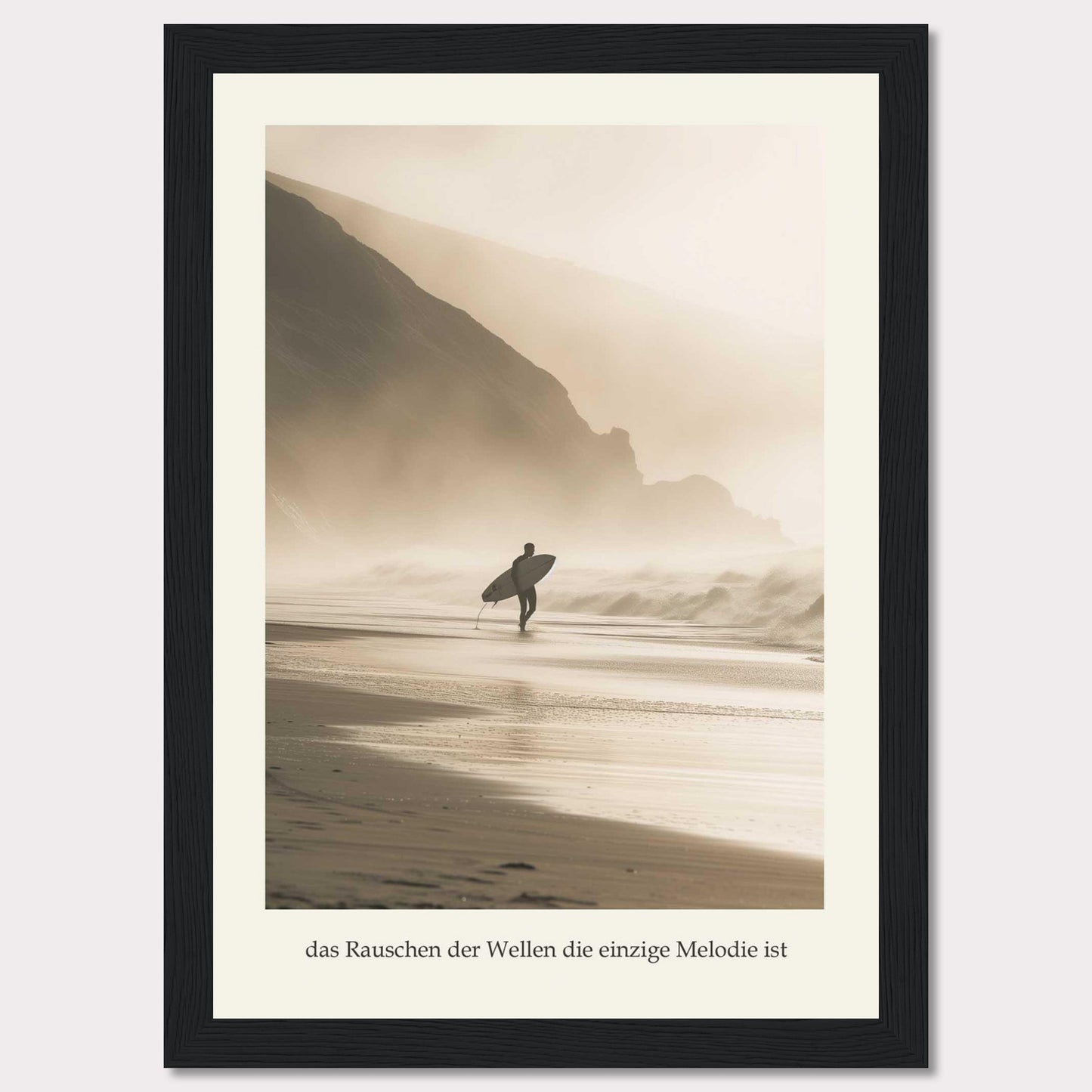 This captivating photograph captures a lone surfer walking along a misty beach, surfboard in hand, with towering cliffs in the background.