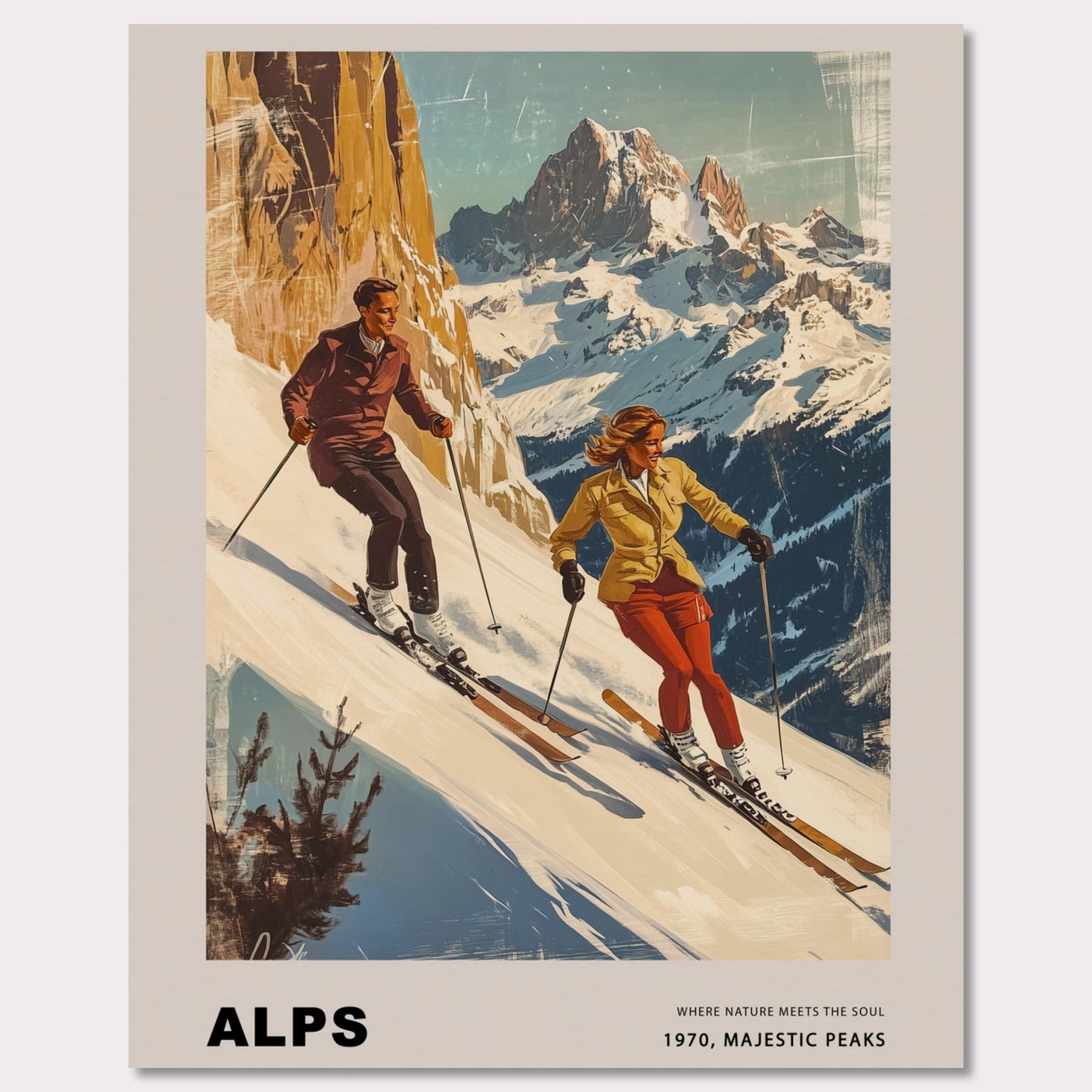 This striking vintage poster celebrates the grandeur of the Alps, depicting a dynamic pair of skiers descending snowy slopes with towering peaks in the background. Their confident movements against the crisp, majestic scenery capture the essence of alpine adventure. The warm, retro tones paired with the timeless typography evoke a sense of nostalgia and the spirit of mountain exploration.