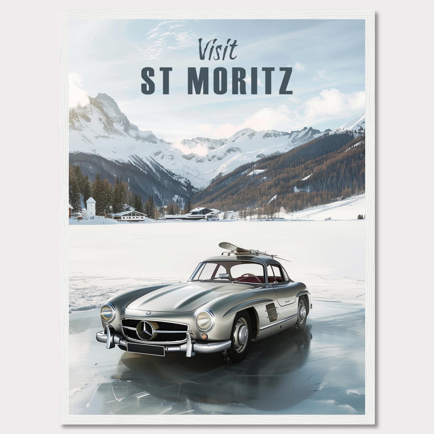 Discover the breathtaking beauty of St. Moritz with this stunning poster. Featuring a classic silver car parked on a frozen lake, surrounded by majestic snow-capped mountains and cozy alpine chalets.