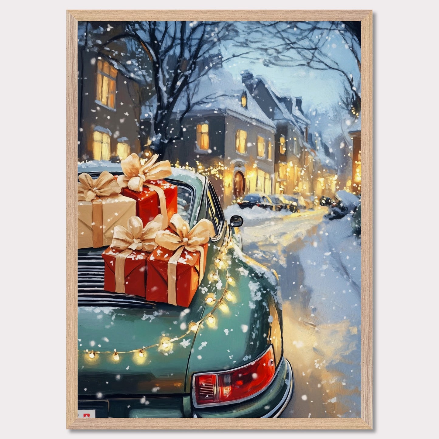 A cozy Christmas scene in Switzerland is captured in this enchanting poster. The focus is a beautiful Christmas tree adorned with lights, set in the heart of a charming town covered in snow. A Porsche, with festive gifts on the roof, adds a touch of luxury to this idyllic winter setting. The vintage typography "Christmas in Switzerland" evokes a sense of nostalgia and warmth, making it the perfect holiday decoration.