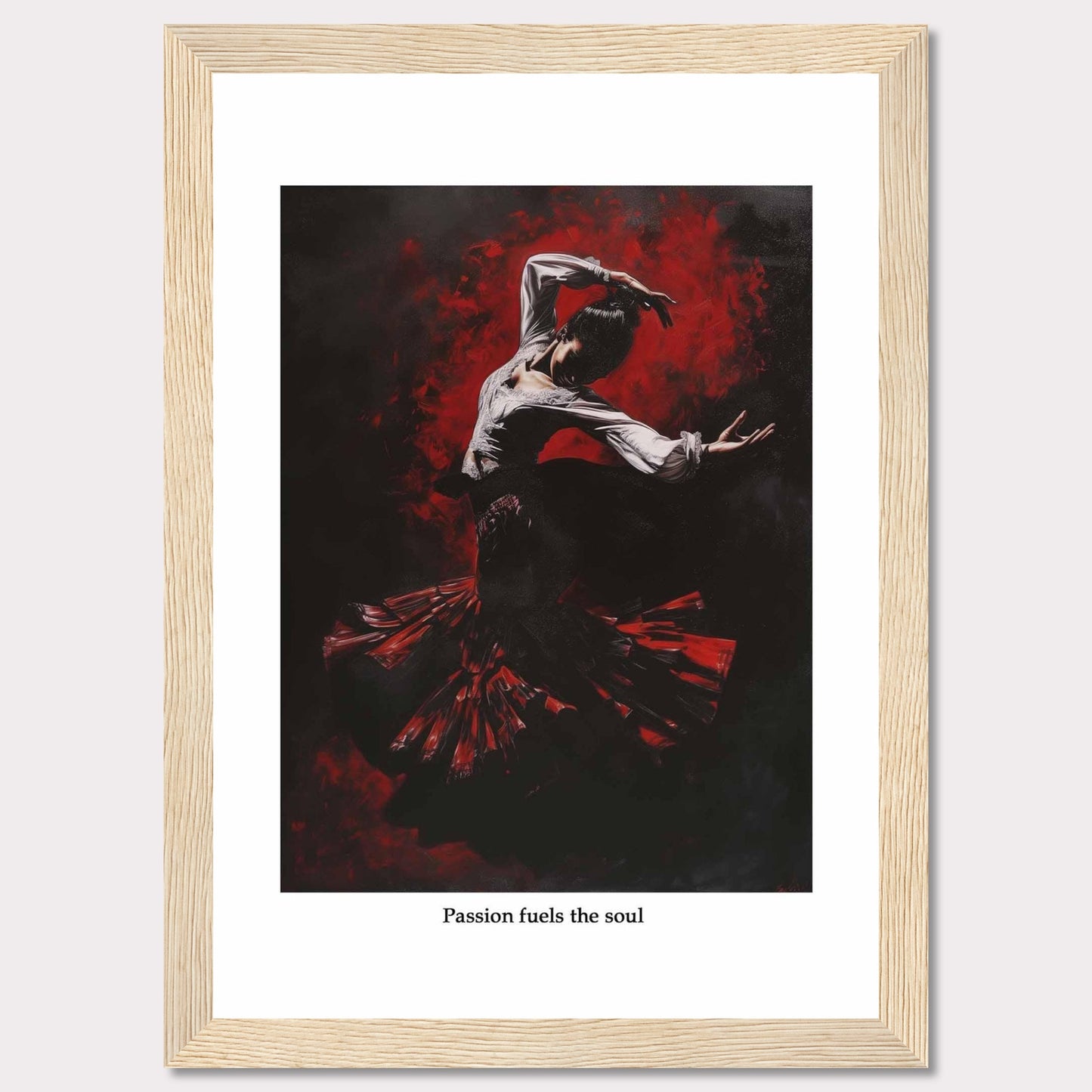 This captivating image depicts a flamenco dancer enveloped in a swirl of red and black, showcasing the intensity and passion of the dance. The dancer's expressive pose and flowing costume create a dynamic and powerful visual impact.