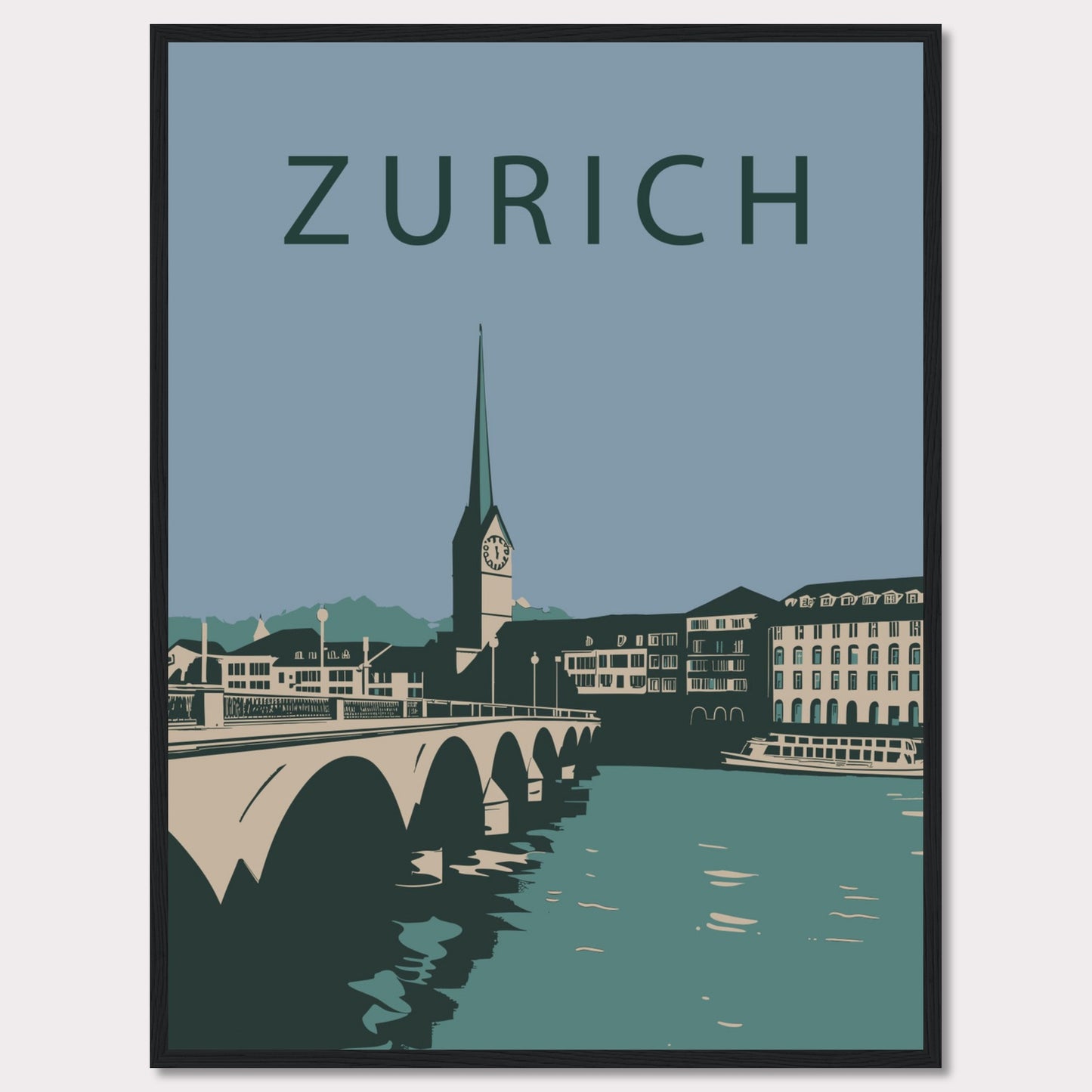 This poster features a serene illustration of Zurich, showcasing its iconic architecture and tranquil river scene.