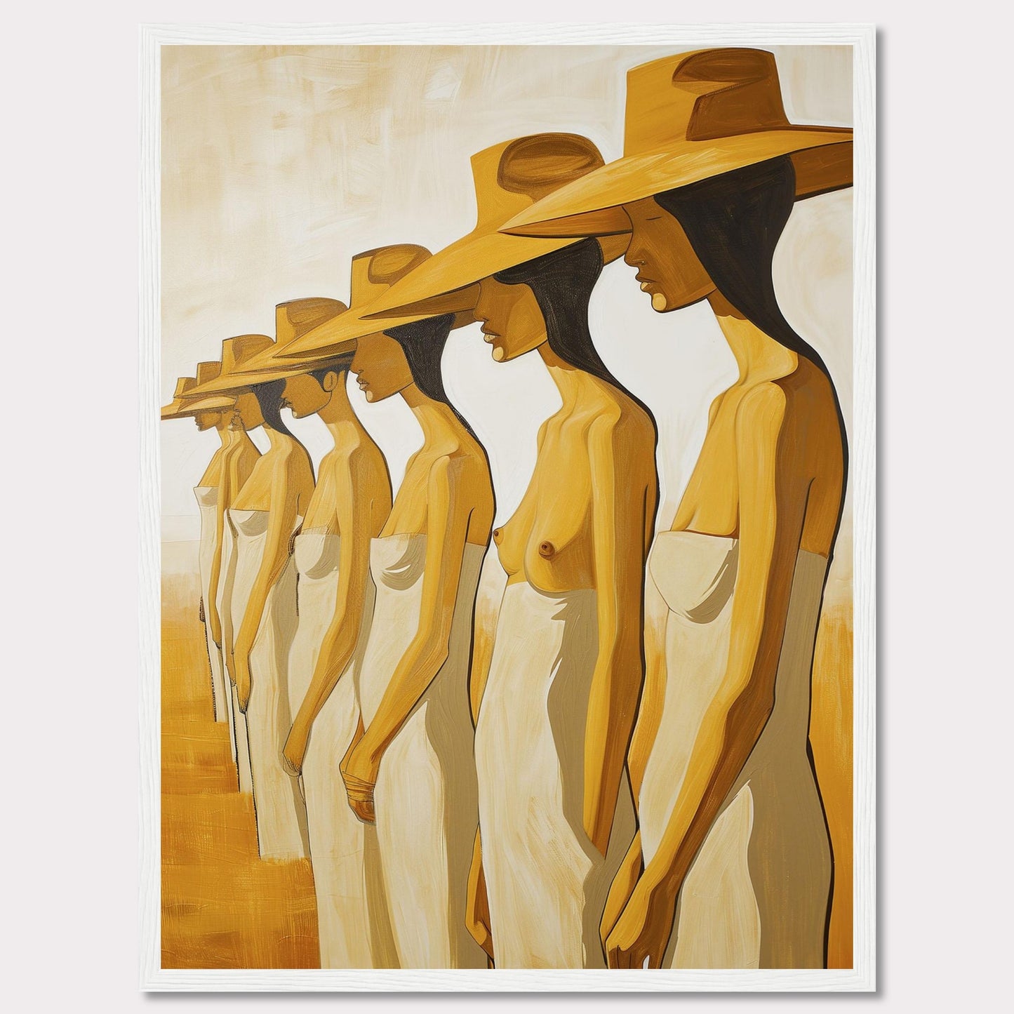 This striking artwork features a row of women standing in profile, each wearing a large hat and draped in a simple cloth. The painting captures a sense of unity and individuality through its minimalist style and warm color palette.