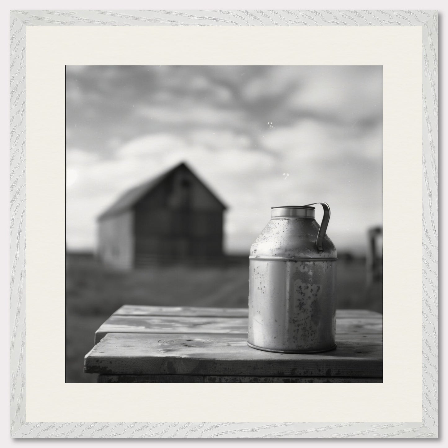 This is a black and white illustration showing a rustic scene. The focus is on an old metal milk can placed on a wooden table, with a blurred barn in the background under a cloudy sky.