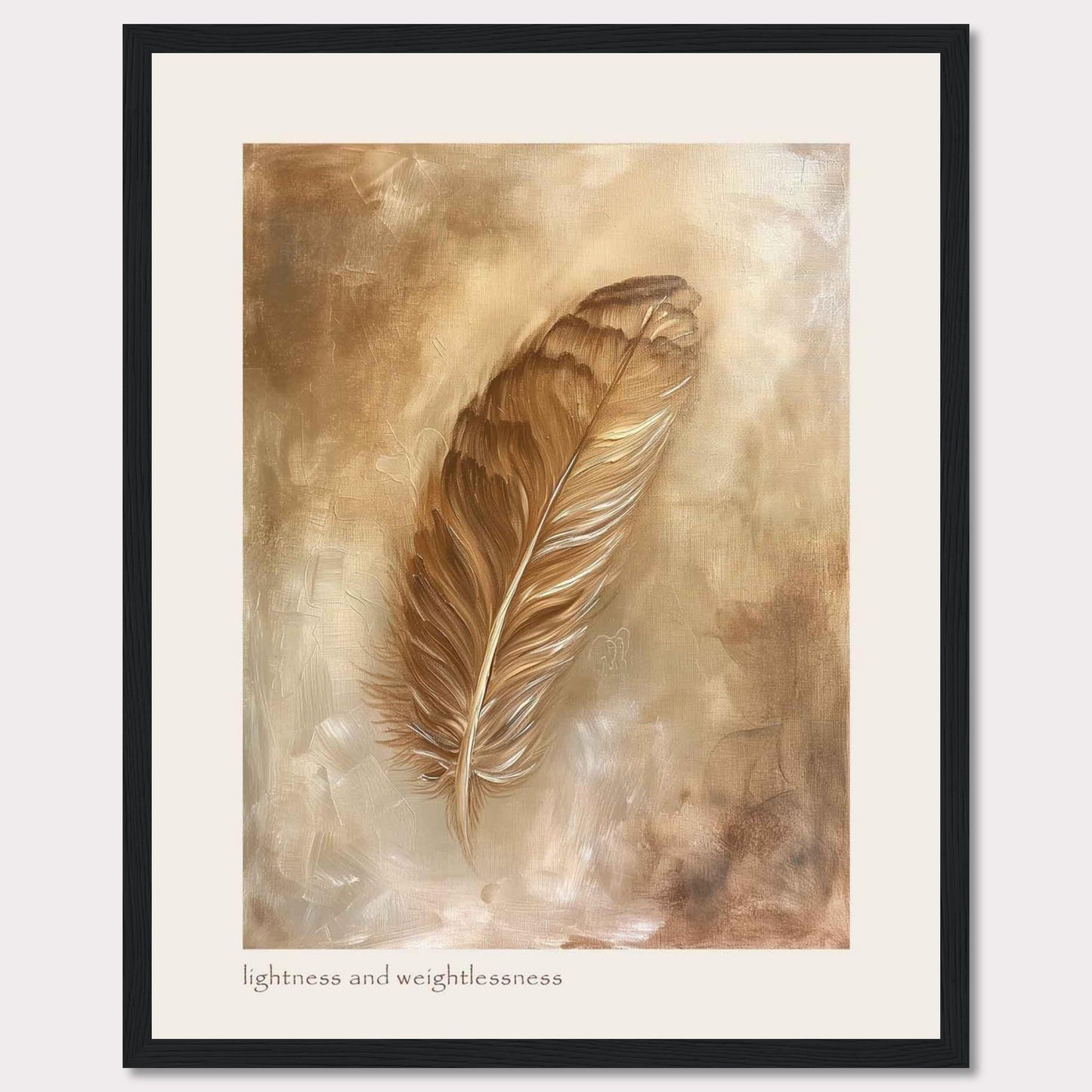 This image showcases a beautifully framed artwork featuring a single feather. The feather is depicted in warm, earthy tones, creating a sense of tranquility and elegance. The background consists of soft, abstract brushstrokes that enhance the delicate nature of the feather. At the bottom of the artwork, the phrase "lightness and weightlessness" is inscribed, adding to the ethereal feel of the piece.