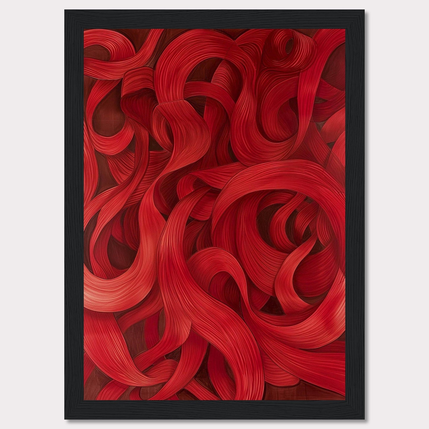 This captivating artwork features a mesmerizing array of red swirls and curves, creating a dynamic and flowing visual experience. The intricate details and rich hues draw the viewer in, evoking a sense of movement and passion.