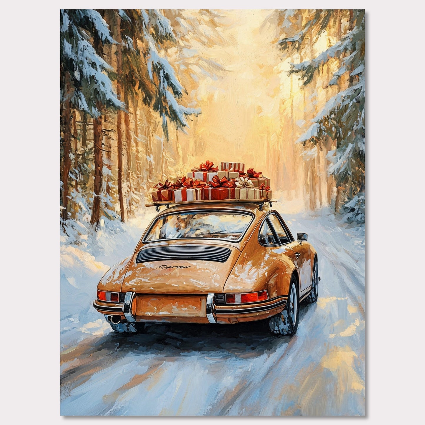 This festive poster showcases a yellow Porsche navigating a snow-covered path with holiday presents stacked on its roof. The warm glow from the trees lining the road creates a magical winter scene, while the "Merry Christmas" typography evokes the warmth and joy of the holiday season. The combination of sleek design and a peaceful winter landscape makes this a perfect holiday greeting.