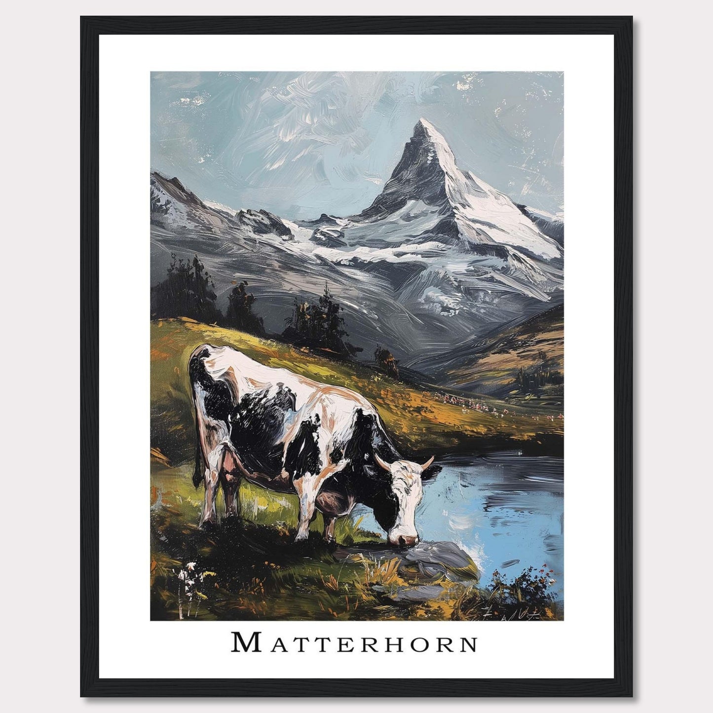 This captivating artwork captures the serene beauty of the Matterhorn with a cow grazing by a tranquil lake in the foreground. The majestic snow-capped peak stands tall against a clear sky, surrounded by lush greenery and reflective waters.