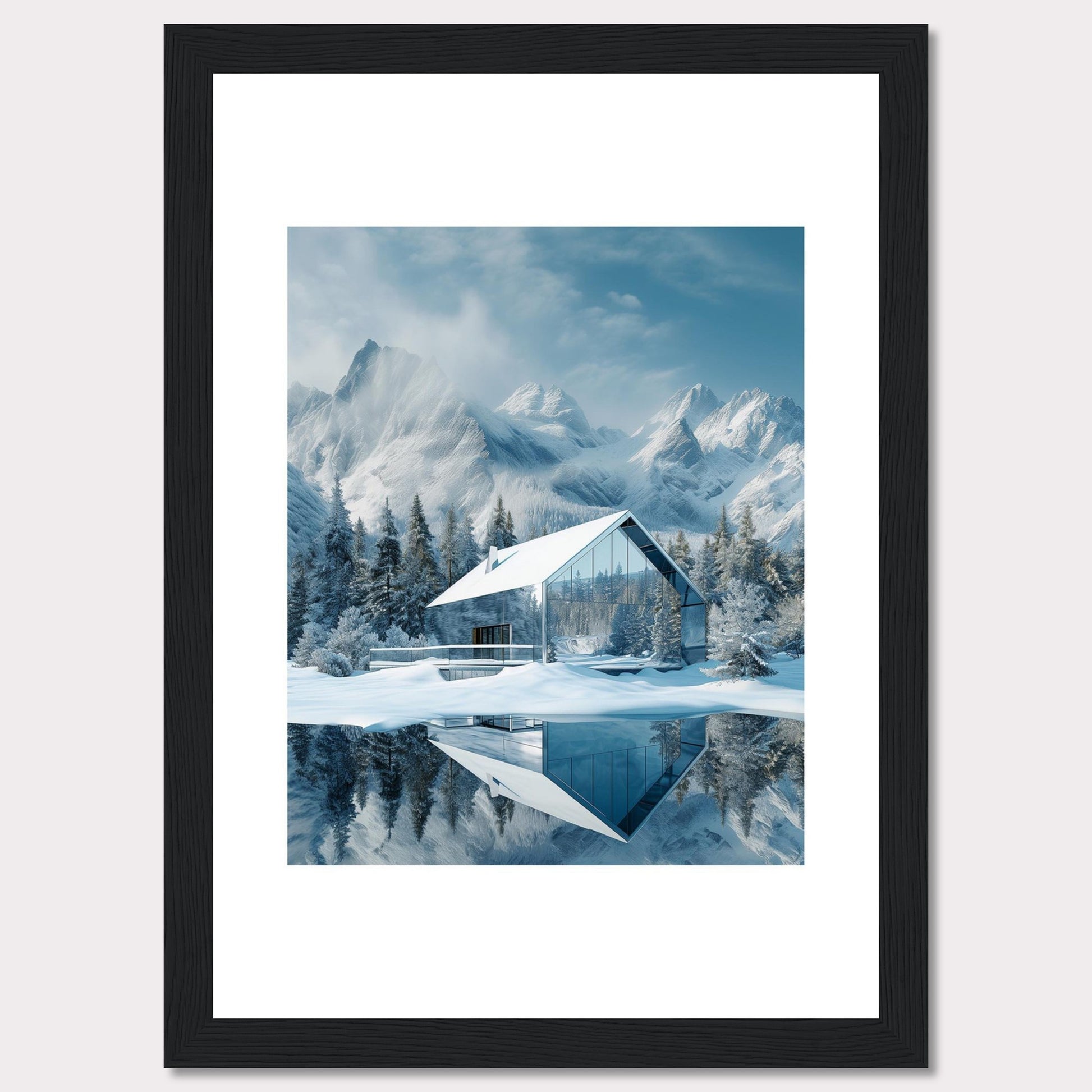 This stunning image showcases a modern glass house nestled in a serene snowy landscape, with majestic mountains in the background. The reflection of the house and trees on the calm water adds to the tranquil ambiance.