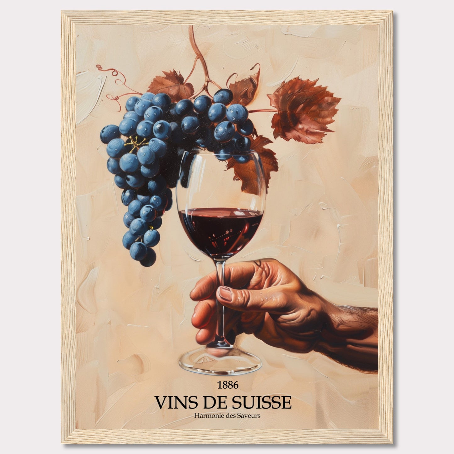 This captivating image showcases a hand holding a glass of red wine, with a luscious bunch of grapes hanging above it. The background is painted in warm, earthy tones, enhancing the rich colors of the grapes and wine.