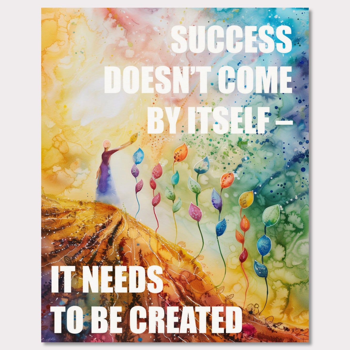 Colorful and inspiring poster featuring the motivational quote: "SUCCESS DOESN'T COME BY ITSELF - IT NEEDS TO BE CREATED".