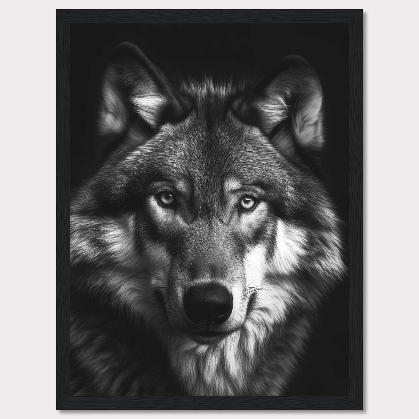 Immerse yourself in the captivating gaze of a majestic wolf with this stunning black and white portrait. The detailed fur, intense eyes, and powerful presence make this artwork a striking addition to any space.