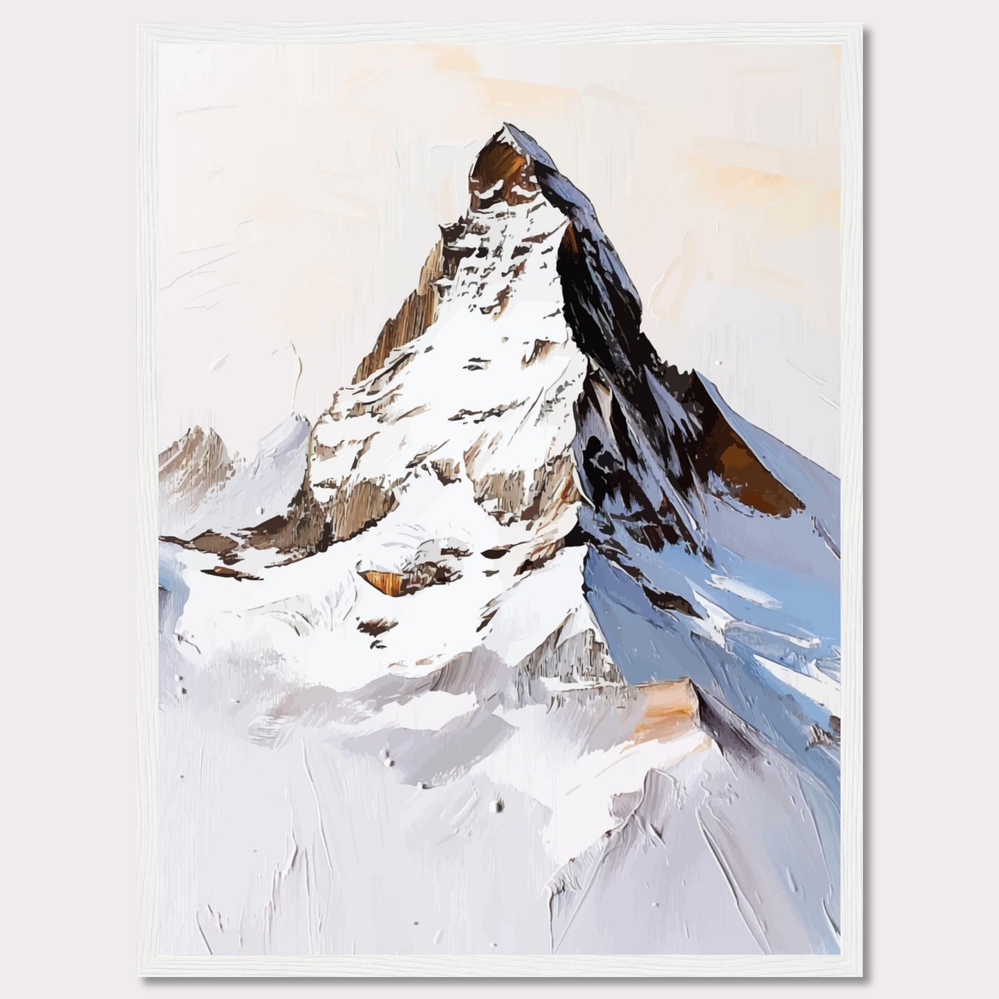 This image showcases a striking painting of a snow-covered mountain peak, likely inspired by the majestic Matterhorn. The artwork features bold brush strokes and a mix of white, brown, and blue hues, capturing the rugged beauty of the alpine landscape.