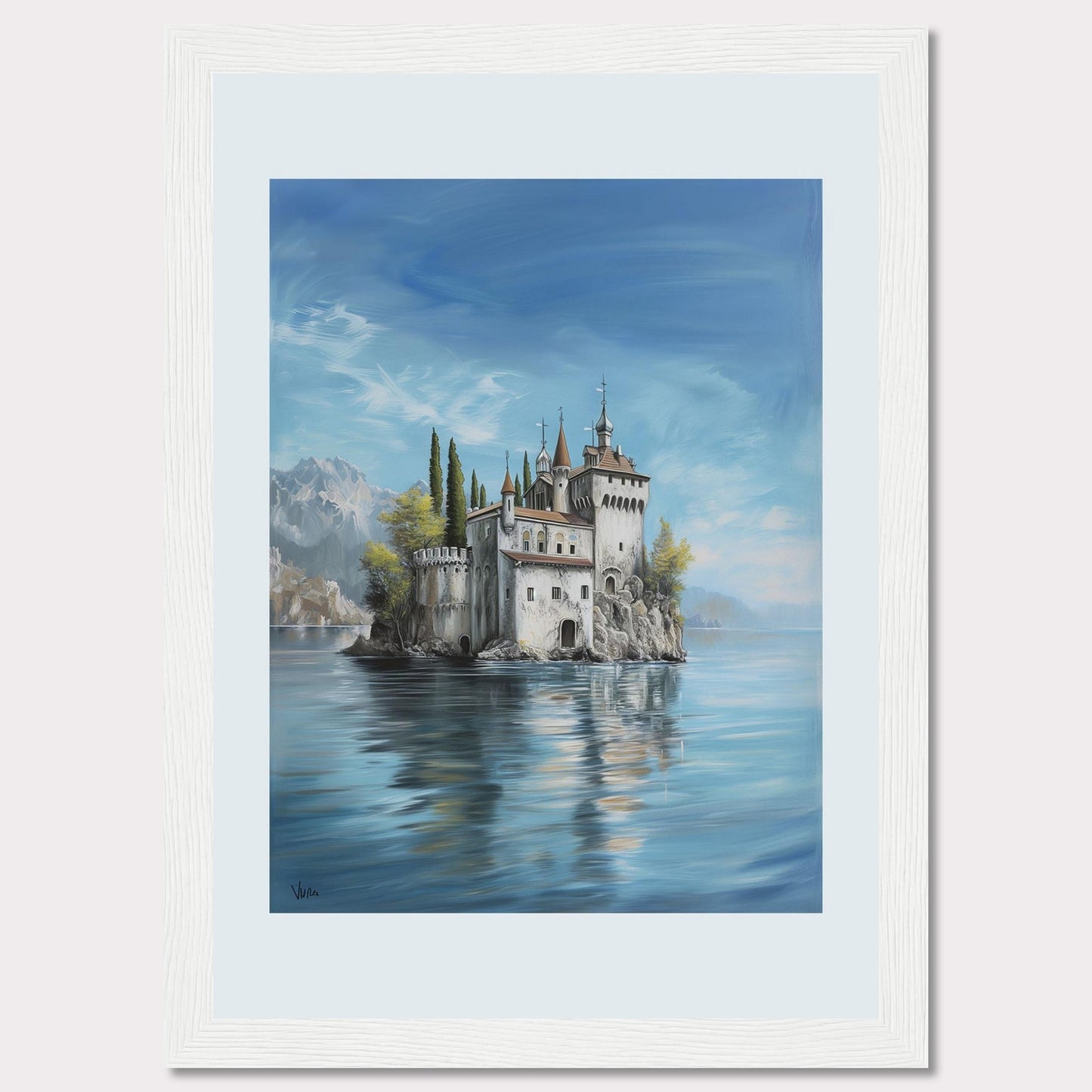 This stunning painting captures the serene beauty of a majestic castle perched on a small island, surrounded by calm waters. The scene is set against a backdrop of distant mountains and a clear blue sky, evoking a sense of tranquility and wonder.