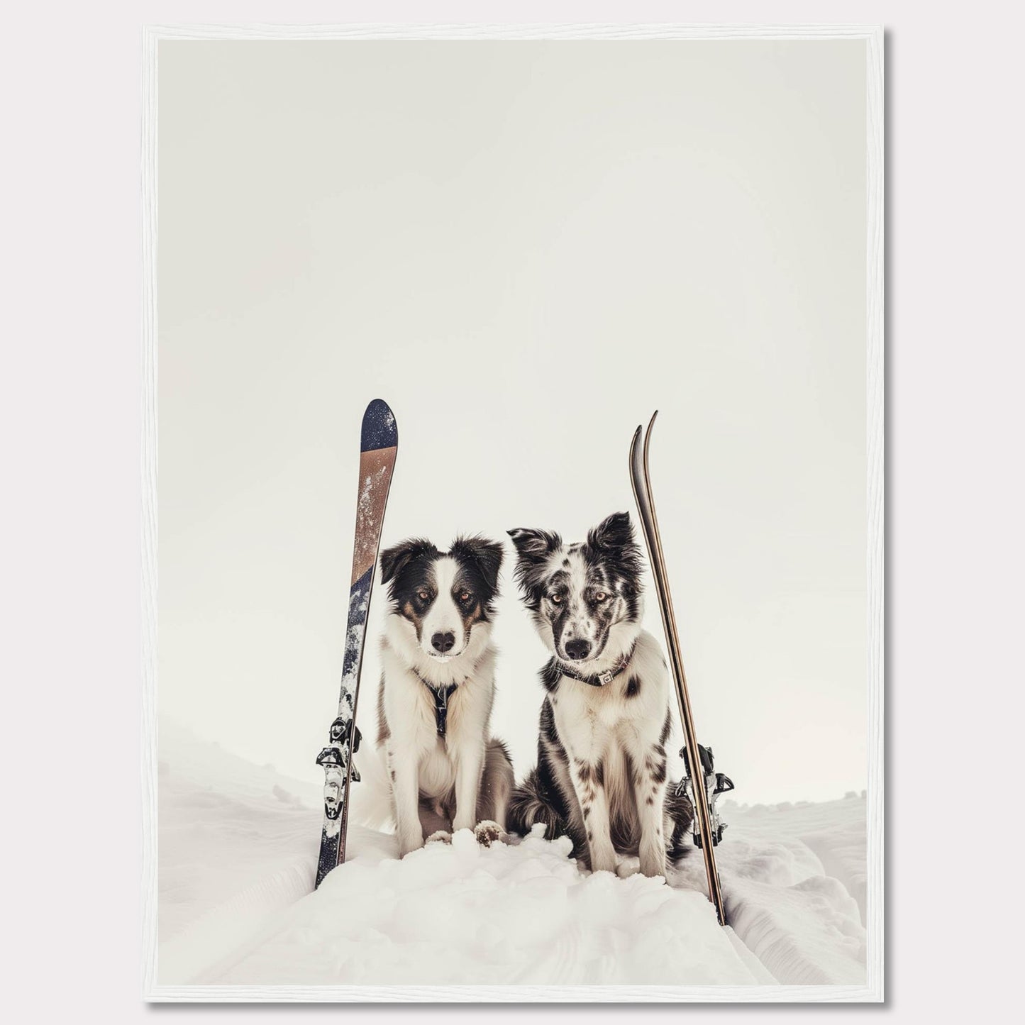 This charming photo captures two adorable dogs sitting in the snow with skis beside them, evoking a sense of adventure and playfulness. The scene is set against a serene snowy backdrop, highlighting the dogs and their playful expressions.