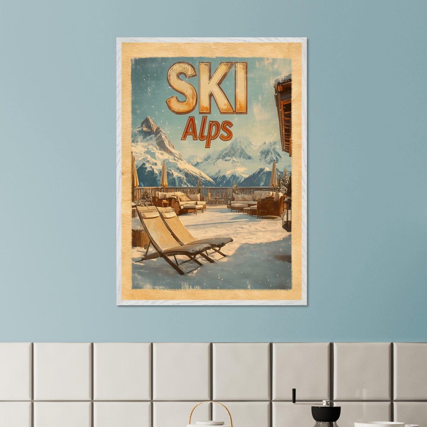 This captivating poster presents a luxurious alpine terrace overlooking majestic snowy peaks. The cozy lounge chairs, wooden railings, and soft golden light create an inviting winter escape. The serene atmosphere and breathtaking views evoke a sense of tranquility and connection to nature.