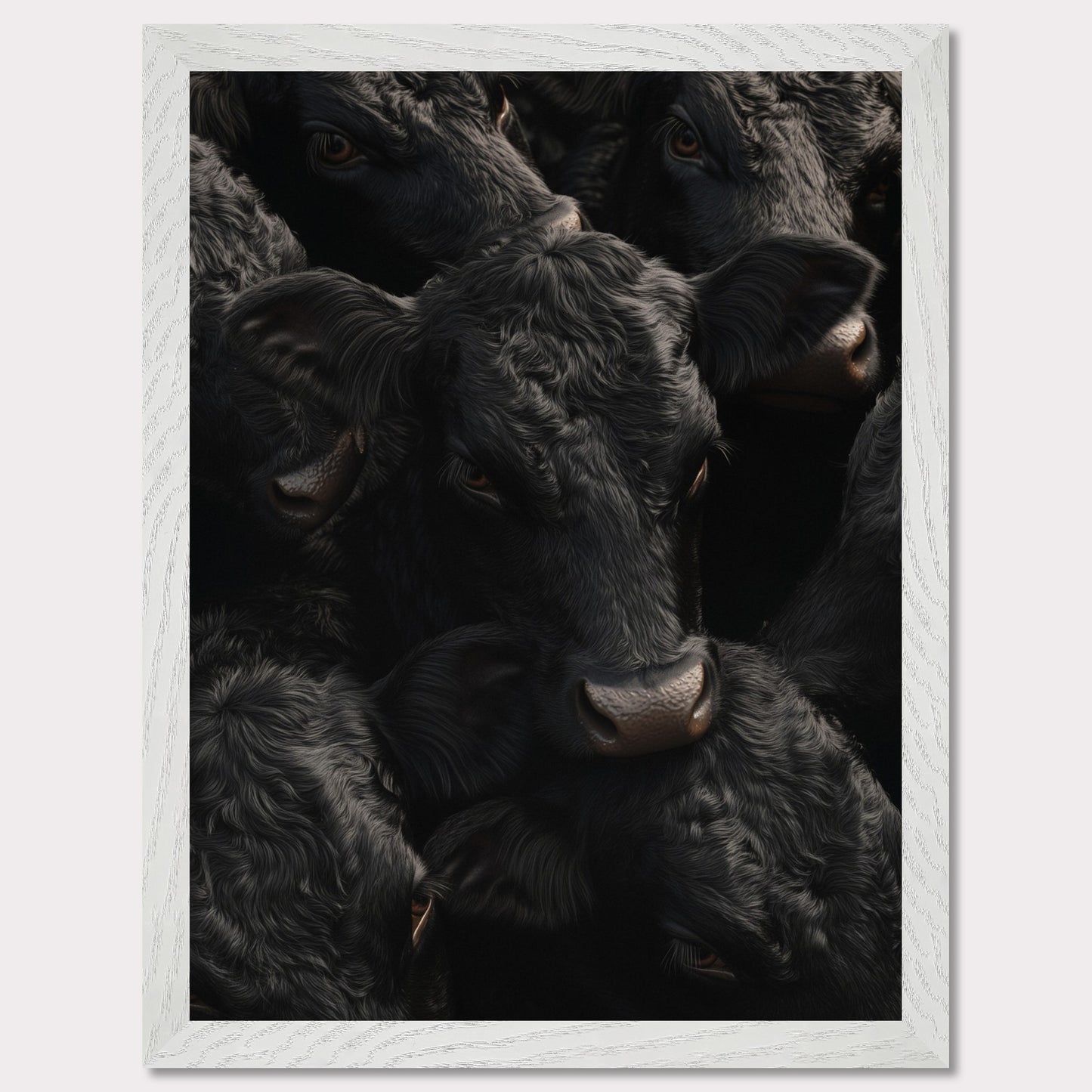 This captivating artwork features a close-up view of several black cows, their faces and textures intricately detailed. The image exudes a sense of unity and calmness among the animals.