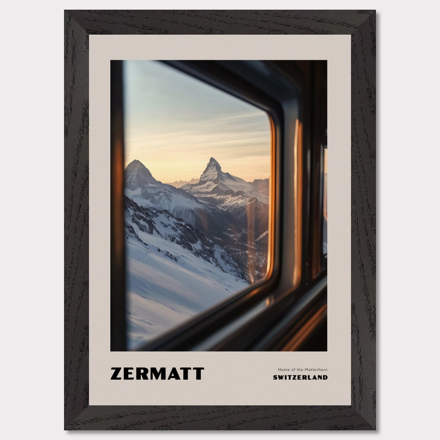 This poster features one of Switzerland’s most iconic symbols – the Matterhorn, proudly rising above the snowy slopes. The view from a train or gondola window creates a travel-like experience, while the soft sunset light adds an enchanting glow to the scenery.